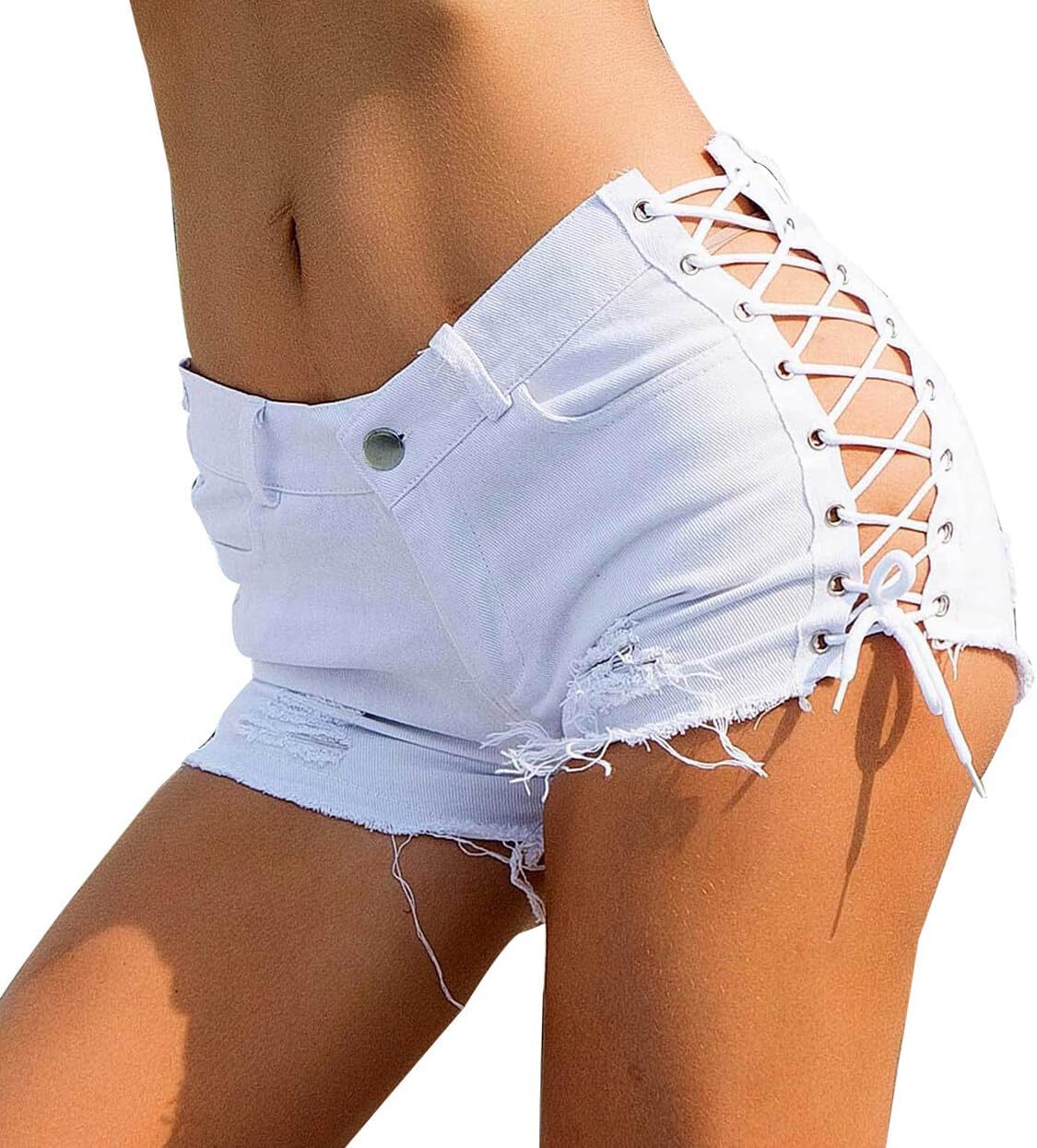 FEOYA Women's Frayed Denim Shorts Sexy Lace Up Mini Hot Pants Cut Off Ripped Hole Booty Shorts Jeans Clubwear
