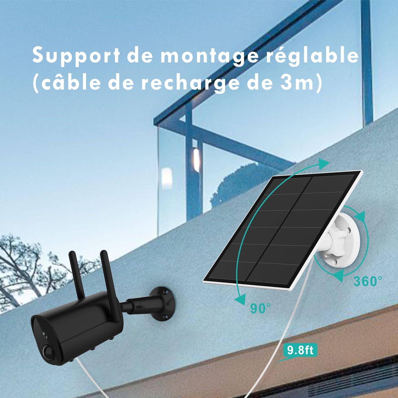 Panneau Solaire 5W Pour Caméra de Sécurité, Panneau Solaire Pour Caméra Extérieure DC 5V à Batterie Rechargeable, Panneaux Solaires avec Port Micro USB et USB-C, Support de Sécurité Ajustable