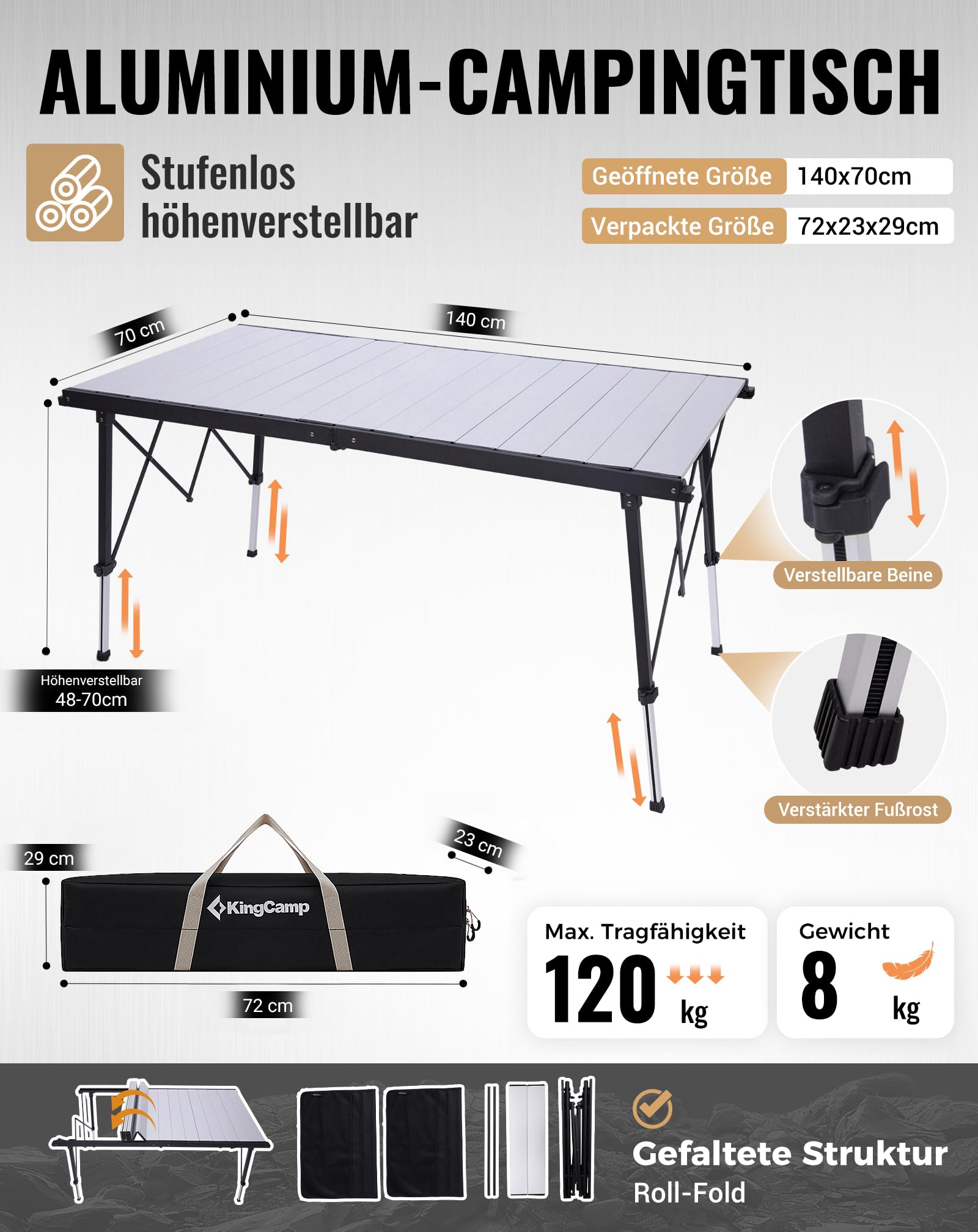 KingCamp Campingtisch Klappbar Extra Groß Höhenverstellbar, 140x70cm 48-70cm Mit Aufbewahrungstaschen, Leicht & Stabil Für Garten, Balkon & Outdoor