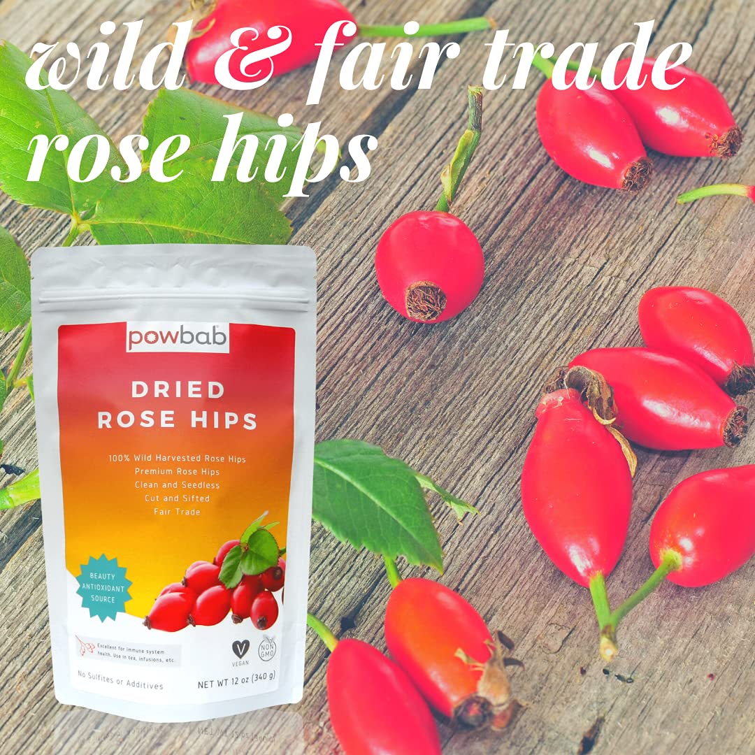 powbab Dried Rose Hips - 100% Organic Wild Rosehip Cut & Sifted. Premium Rosa Rubiginosa. Bulk Seedless Whole Dried Organic for Rose Hip Tea. No Added Sugar. Fair Trade (12 oz)