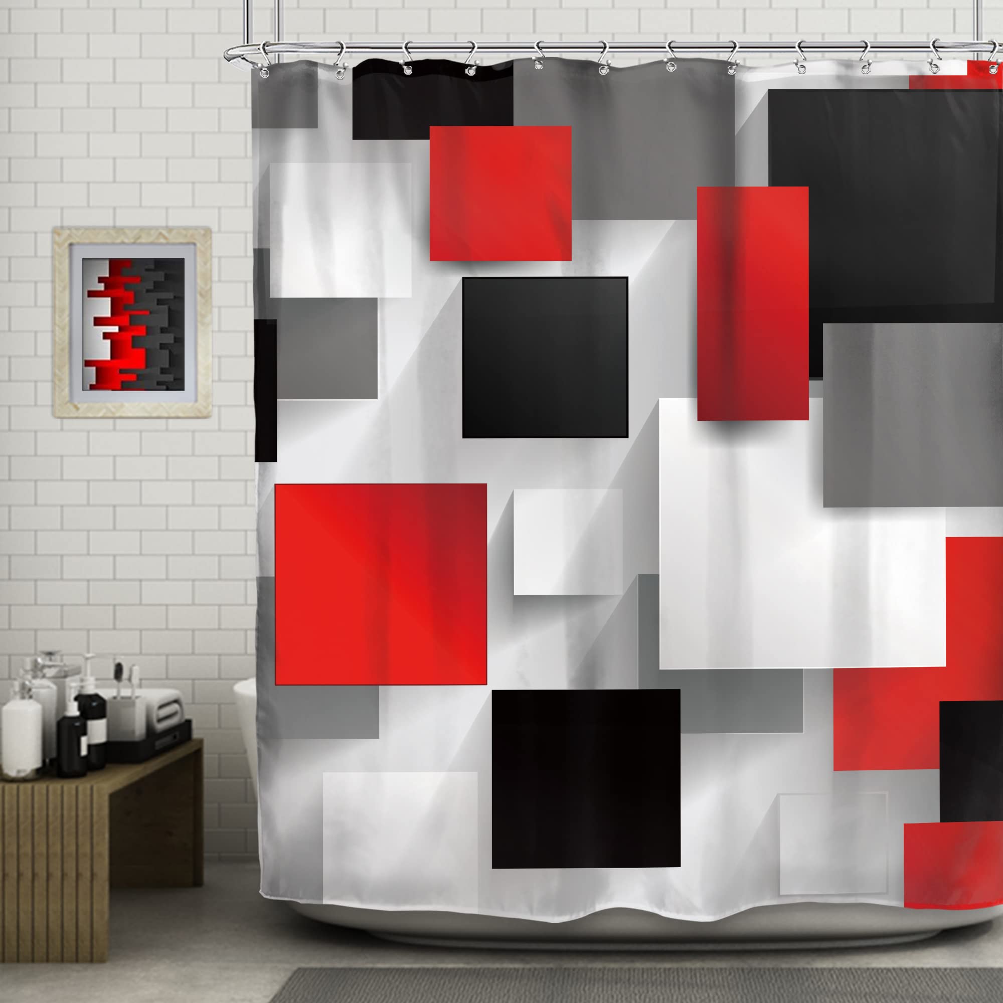 Duschvorhang-Set Geometrisch Ombré | Rot/schwarz Gestreift, 183x213 Cm | Wasserdicht, Mit 12 Haken | Für Kinder & Erwachsene