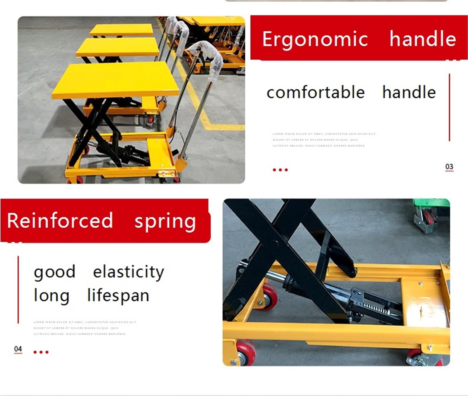 Hydrauliczny wózek widłowy z 4 kółkami i antypoślizgową podkładką do transportu materiałów żółtych (150 kg)