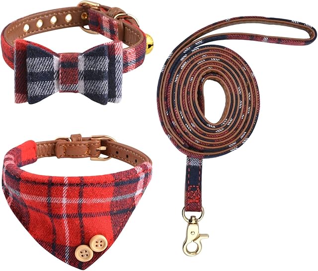 HACRAHO Bow Tie Dog Collar with Leash Set, 3 PCS Adjustable Puppy Collars Bandana with Bell Plaid Red Bandana Dog Collar for Small Dogs, Puppies and Cats Outdoor Walking