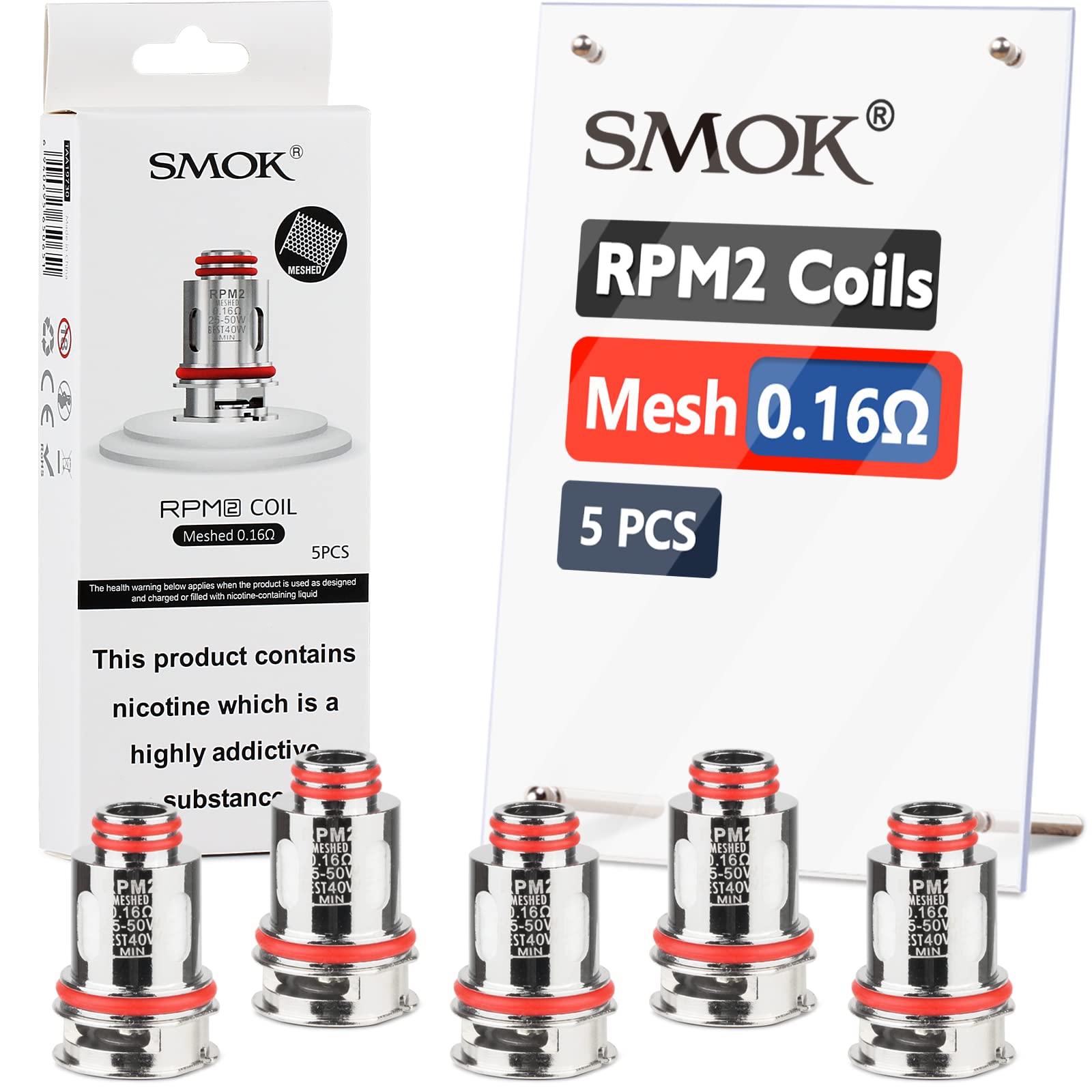 SMOKRPM 2 Mesh Coil 0.16 ohm, for RPM2 Series Pods, RPM2 Coilhead (5pcs, No Nicotine) AMZ UK Edition with Exclusive Barcode