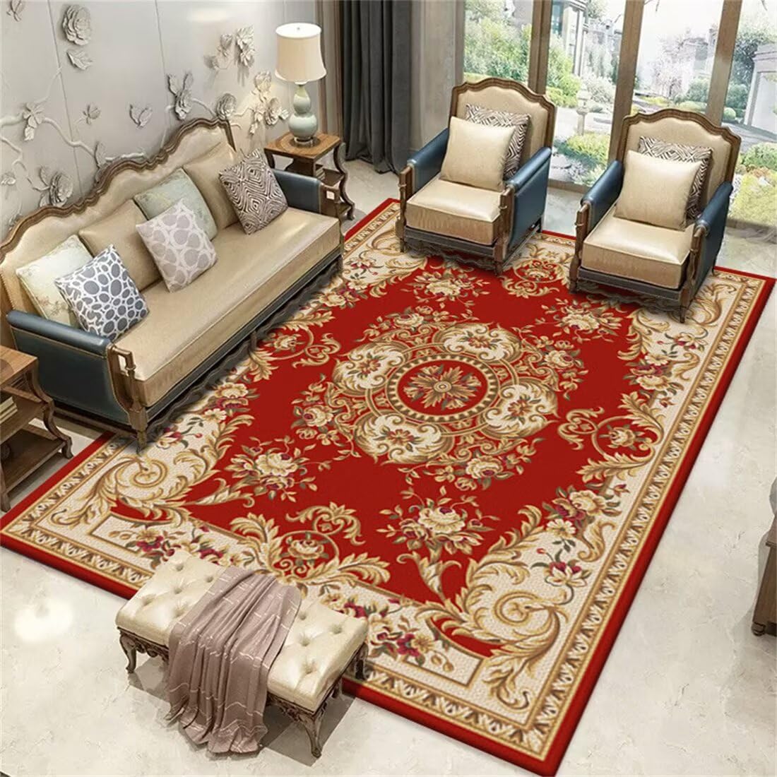 Tapis salle à manger rouge 120x140cm au motif floral vintage