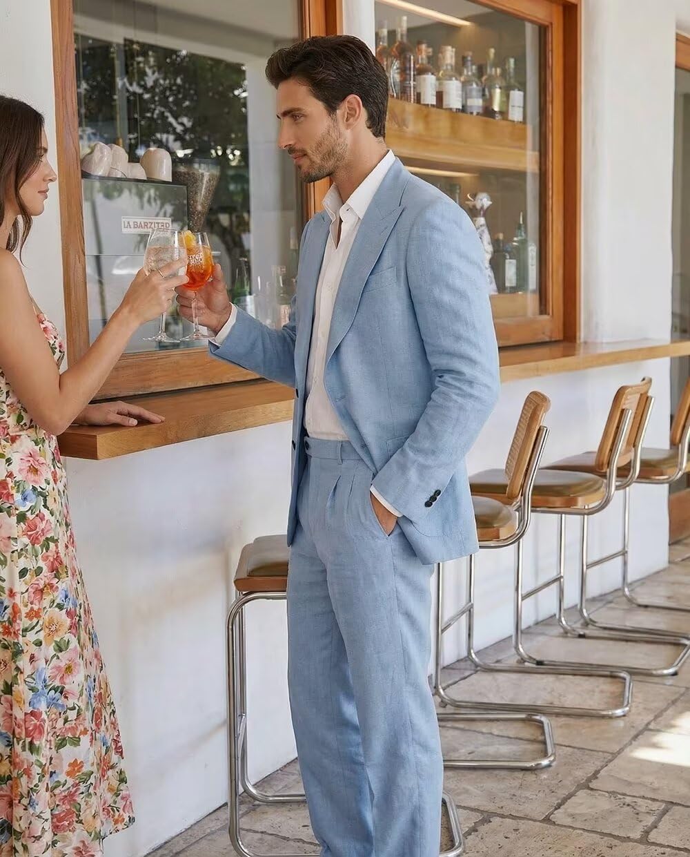 Mens Linen Suit 2 Piece Slim Fit Casual Lightweight Suits for Beach Wedding Peak Lapel Jacket Pants Set