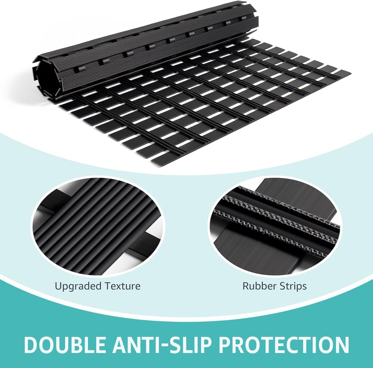 OTHWAY Large Shower Mat, 35.4 x 24 Inch No Suction Cup Shower Mat Non Slip, Quick Drain Non Slip Shower Mats for Inside Shower, Heavy Duty Curlable PVC Stand up Shower Floor Mat, Black