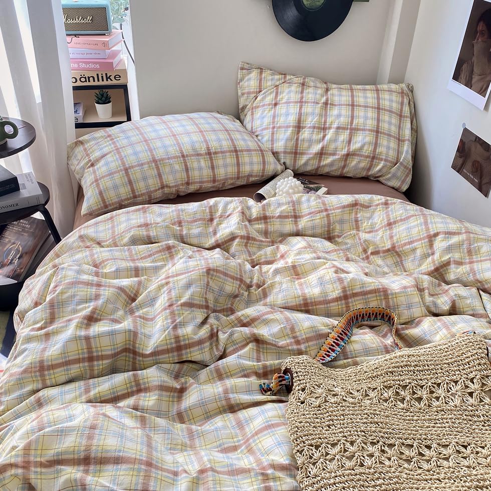 Image of EAVD Vintage Style Buffalo Plaid Duvet Cover King Soft 100% Washed Cotton Chic Blue&Yellow&Brown Grid Checked Plaid Bedding Set with 2 Pillowcases Reversible Gingham Duvet Cover with Zipper