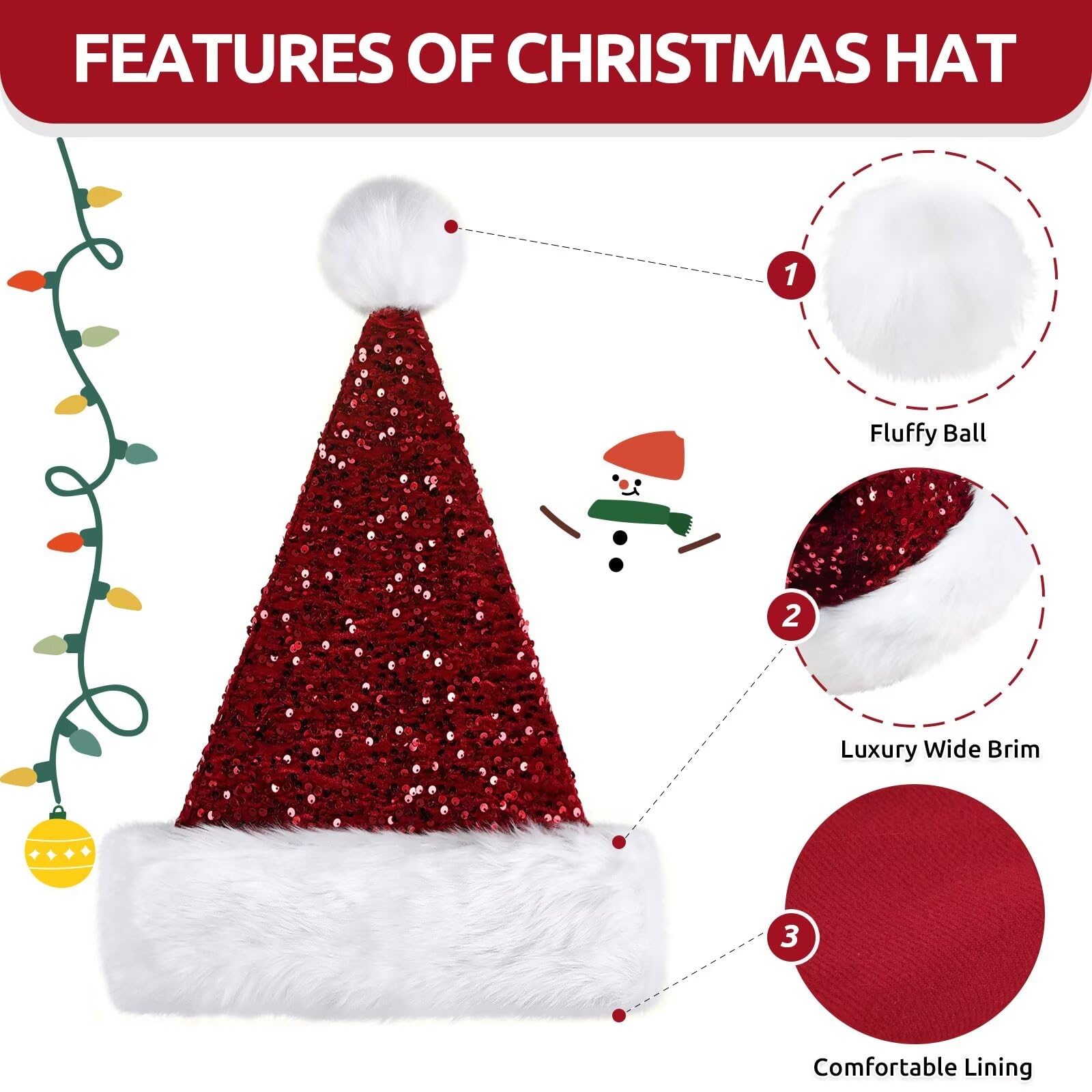 Sombrero de Navidad con lentejuelas, sombrero de Papá Noel con ribete de piel sintética, accesorio de fiesta de Navidad brillante para adultos
