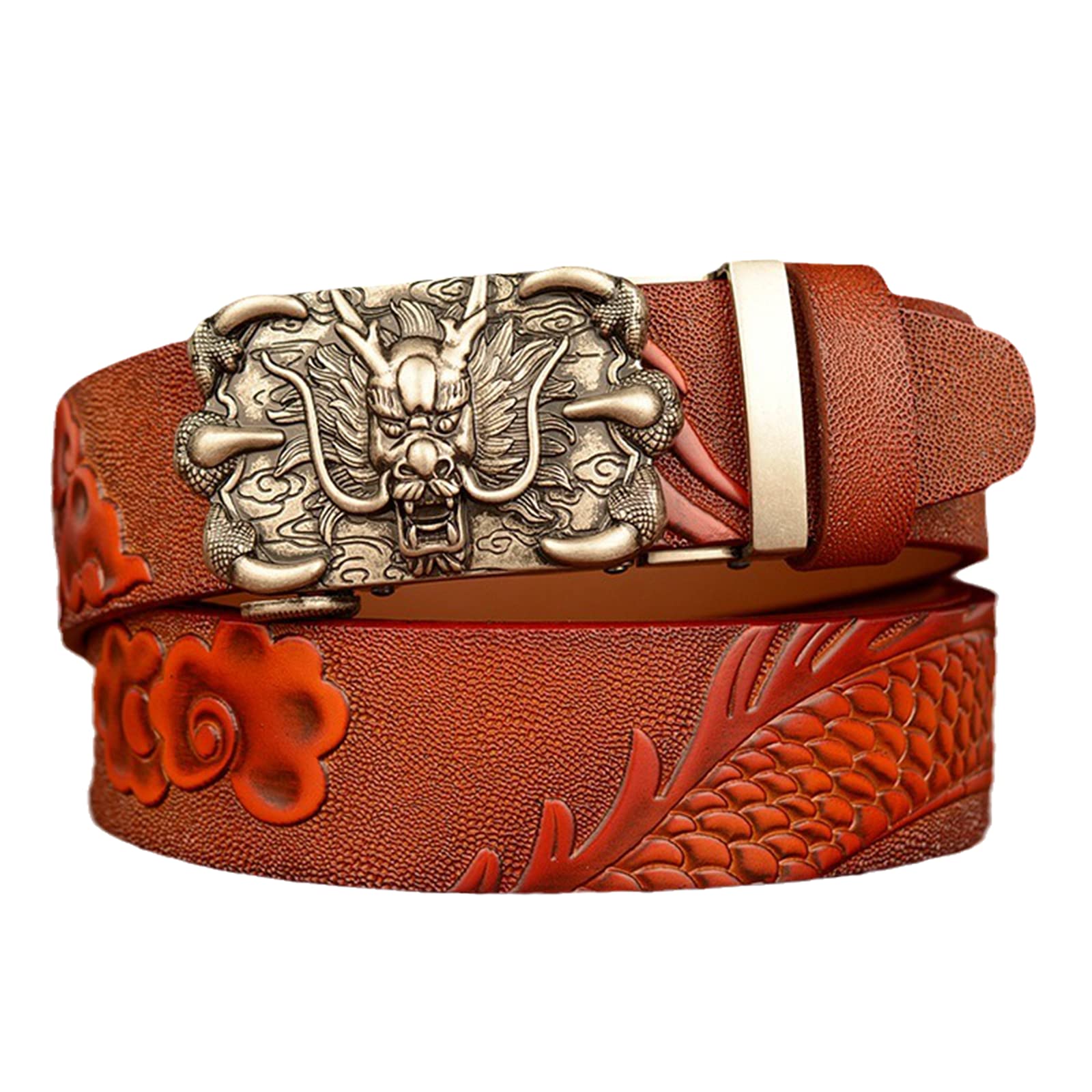 Cintura in Vera Pelle per Uomo e Donna con cricchetto in Pelle con Fibbia per Cinture 3D Drago Automatico inciso per Cowboy e Cowgirls - Stile Country