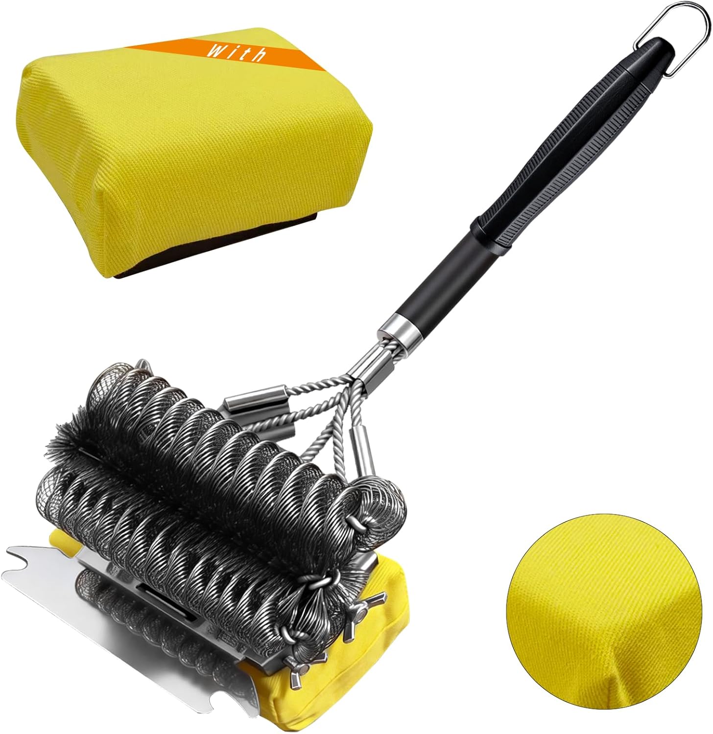 3-in-1 Grill Brush and Scraper with 2 Sponges, 18" Heavy Duty Stainless Steel Bristle BBQ Cleaner, Heat Resistant Barbecue Grilling Tool, Ideal Outdoor Gift for Men & Dad (Black)