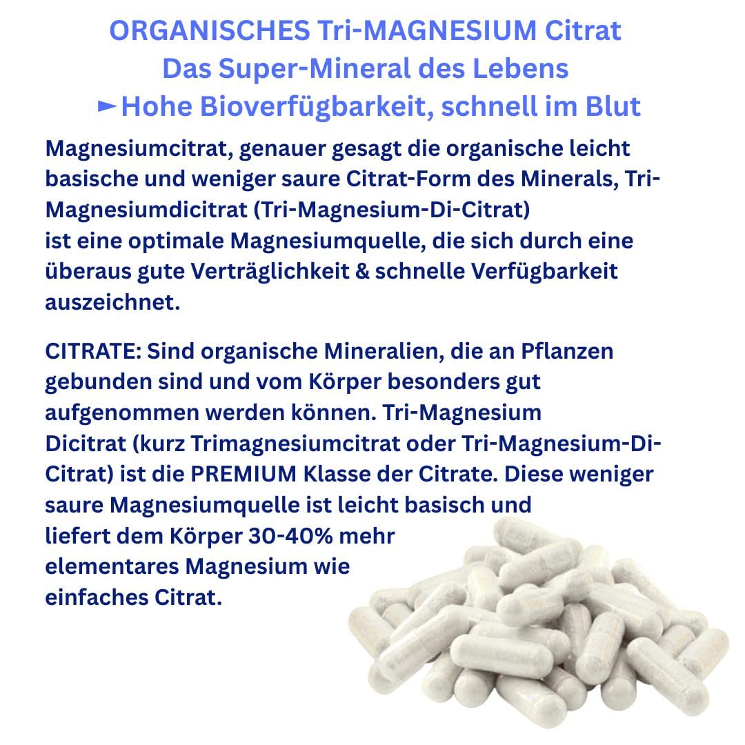 Magnesium Citrat 1080 (3x360) Pulver Kapseln organisches PREMIUM TRI-MAGNESIUMCITRAT. Elementar. OHNE ZUSATZSTOFFE. Schnelle Aufnahme. HOHE BIOVERFÜGBARKEIT. Nie mehr Magnesiummangel 27140-7