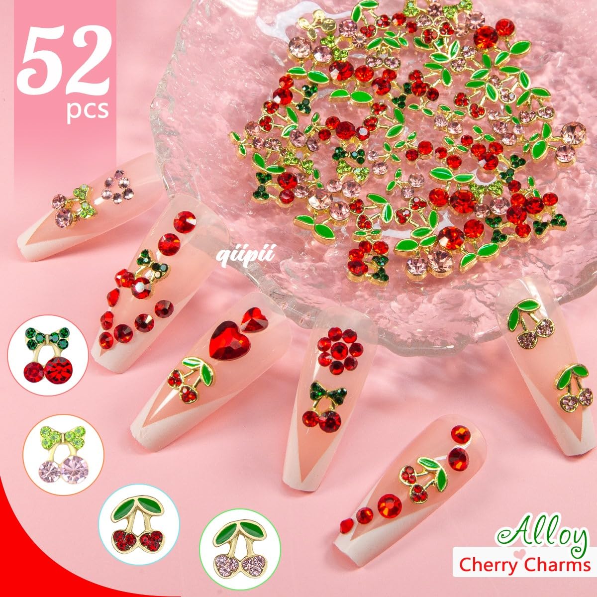 qiipii 52Pcs 2 Styles 3D Cherry Nail Charms Red Pink Cherries Nail Art Rhinestones Shiny Gems Studs Cute Fruit Diamonds Crystals Luxury Jewelry Supplies for Nails Face Makeup Women DIY Crafts Phones image 2