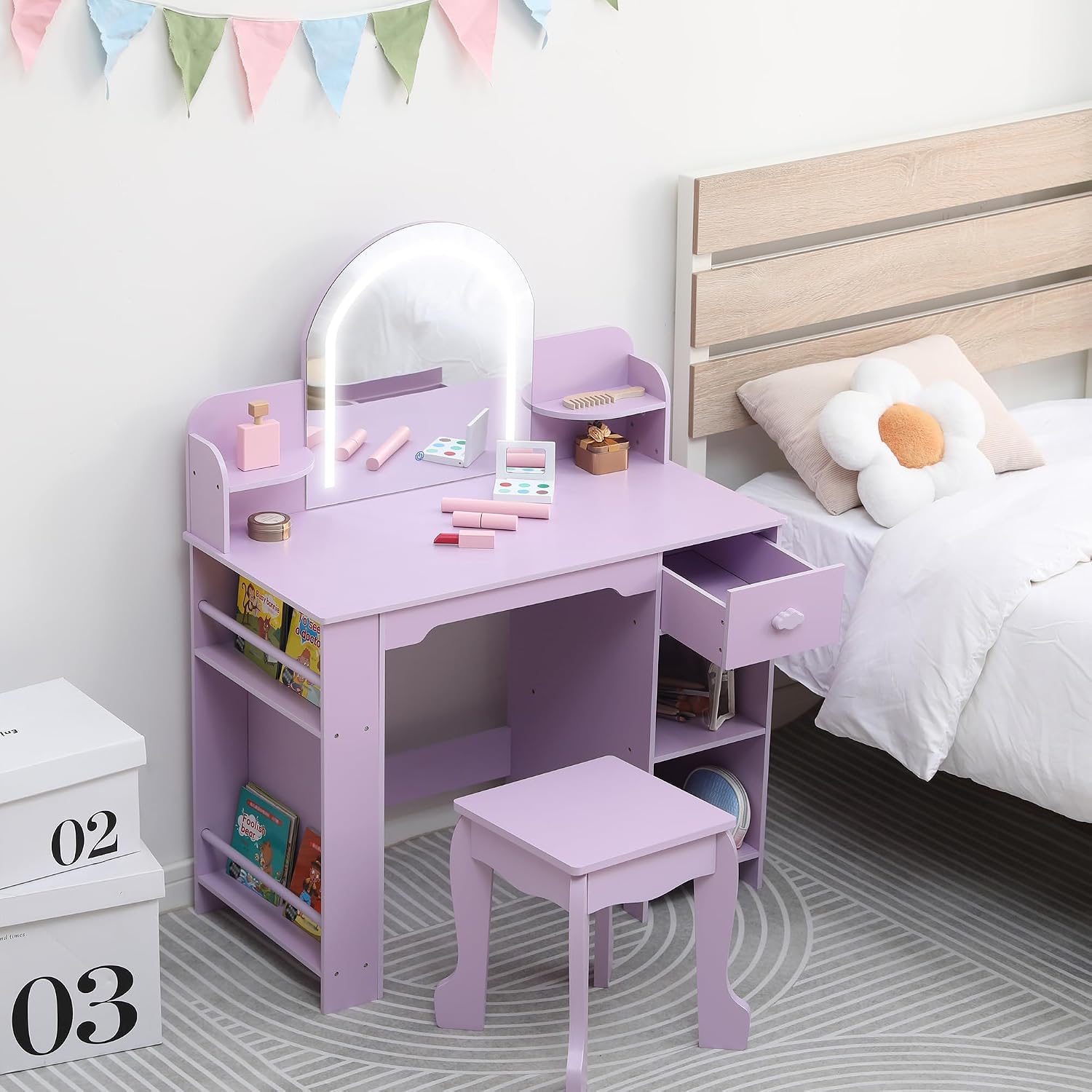 IDEALHOUSE LED Mirror & Height-Adjustable Children's Dressing Table - Vanity Unit with Stool, Bookcase, Drawer & Storage Compartments - For Girls 3-9 Years - Lavender (Alternative) with Accessories