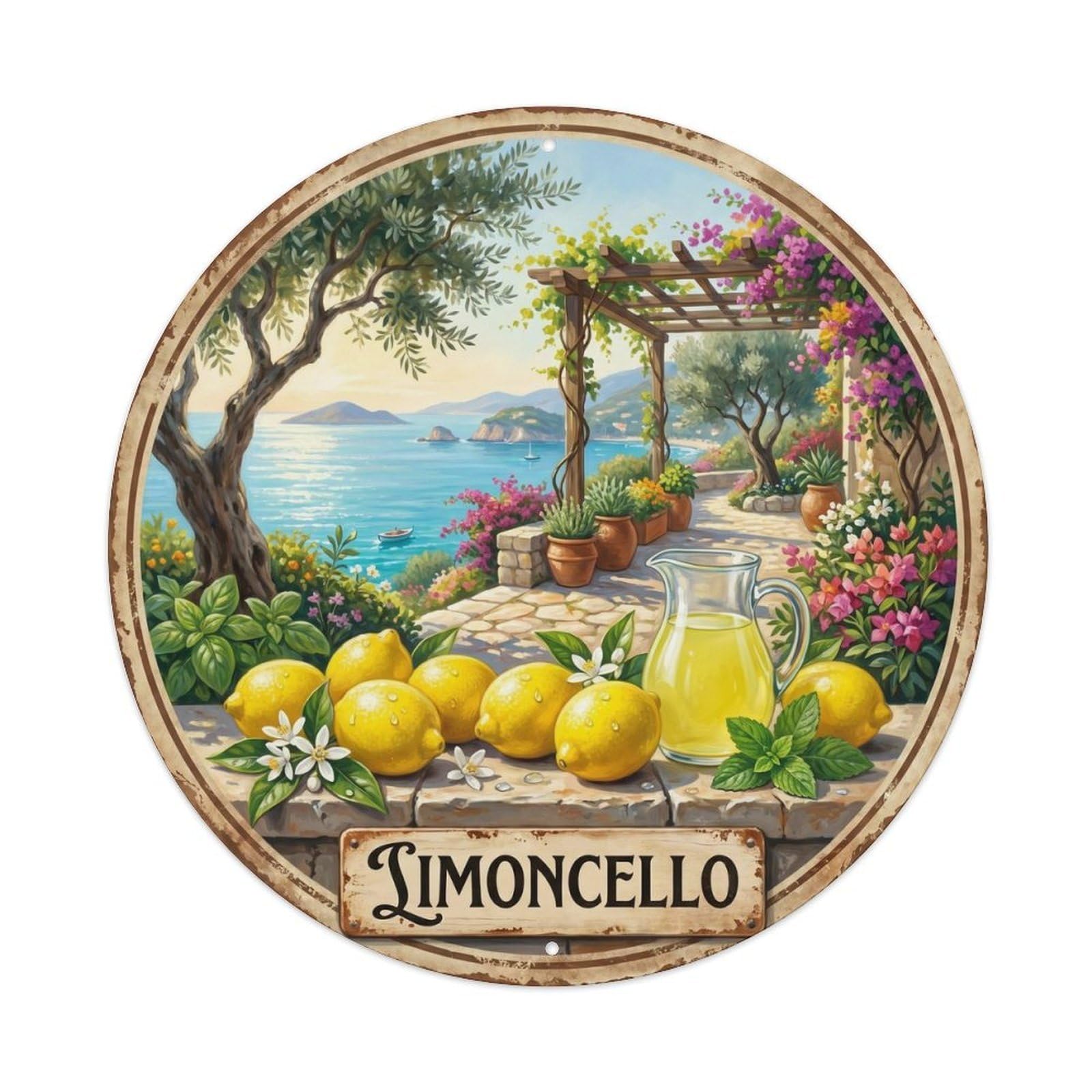 Fqcyn Style Fresh Mediterranean Limoncello Metal Tin Sign Plaque Wall Decor For Cafe, Club Bar, Office, Home Garden Round Metal Poster 8X8inch