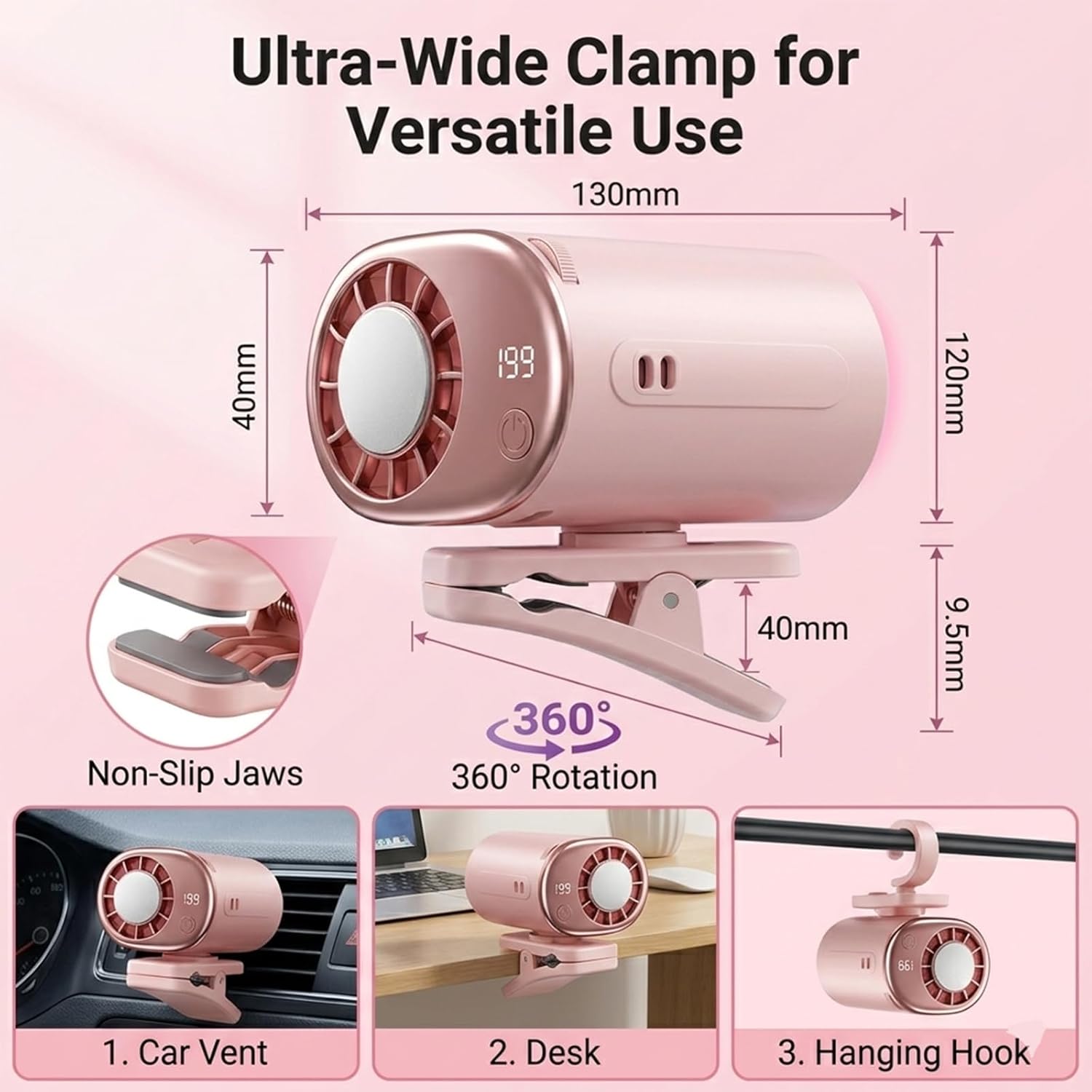 2026 Car Clip on Air Conditioner Fan with LED Display,360° Rotation,199 Speeds Adjustable USB Rechargeable Personal Fan, for Cars, Work, Camping (Pink)