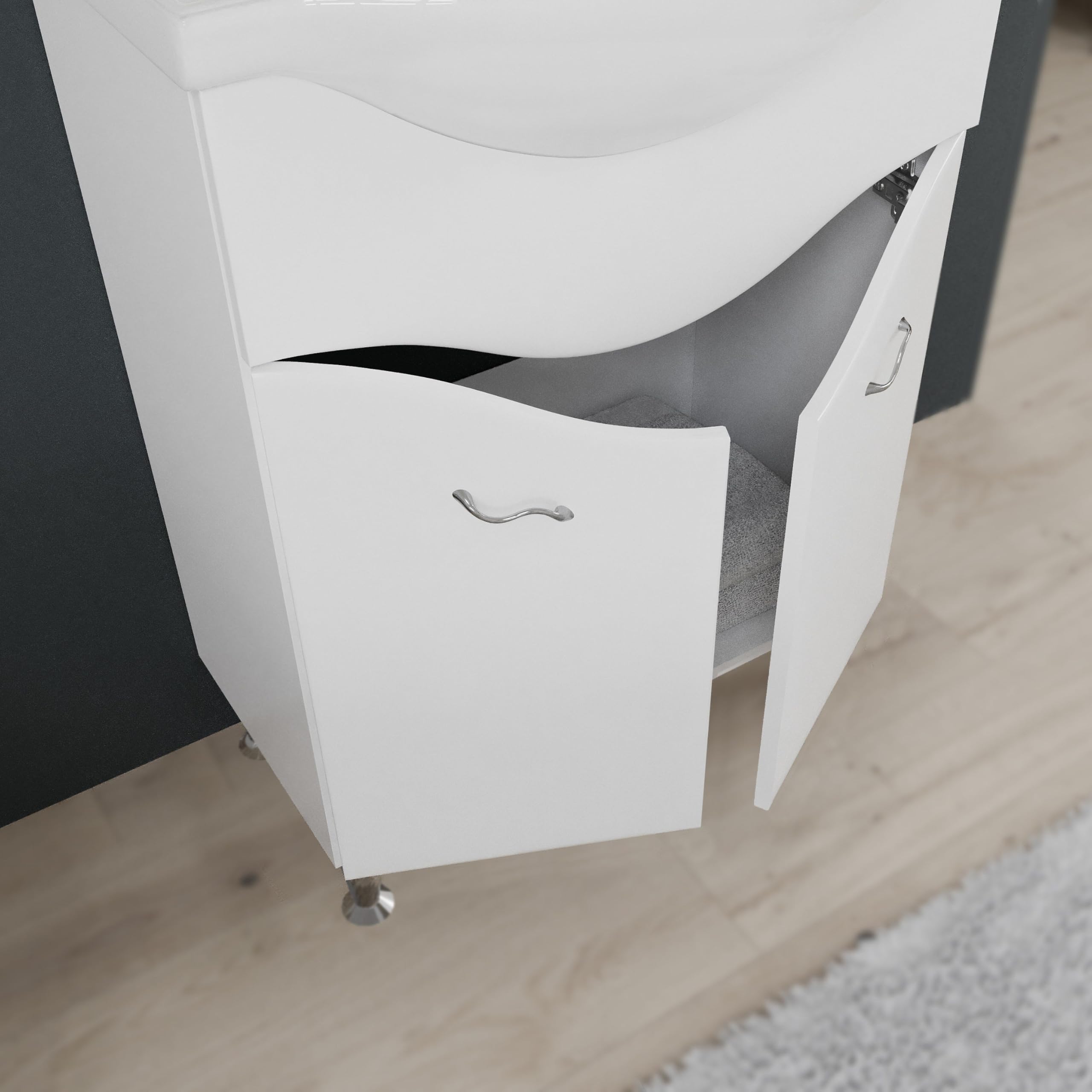 Kiamami Valentina - Mobile bagno a terra 65cm 2 ante, specchio con led bianco lucido | Easy
