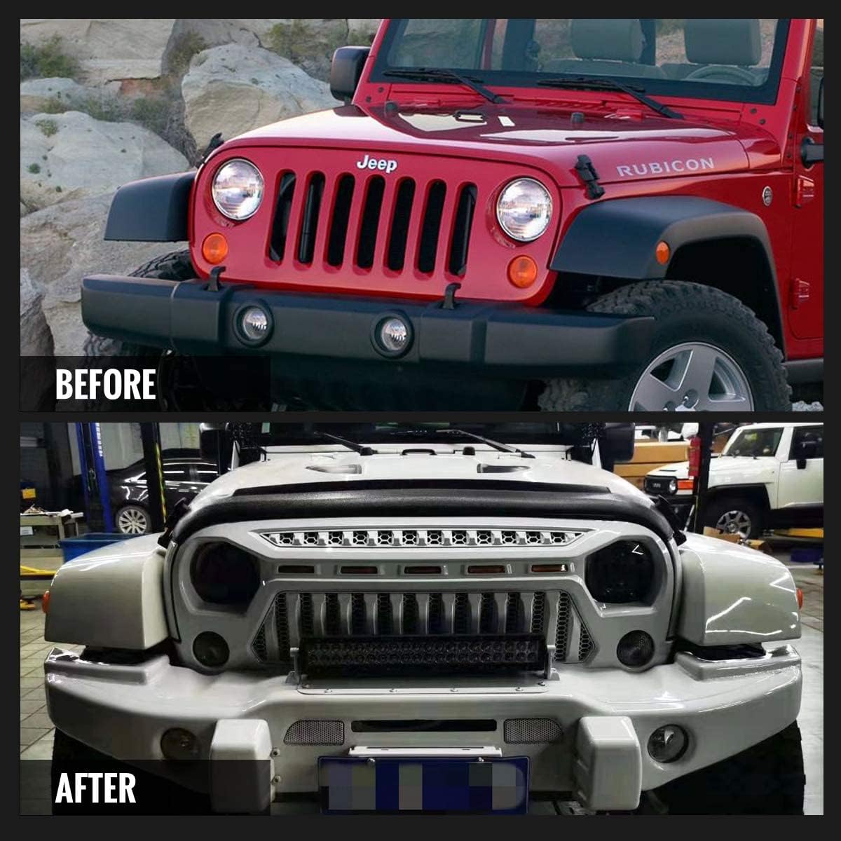 Front Grill Mesh Grille Cover Matte Black with Amber LED Running Lights for 2007-2018 Jeep Wrangler JK JKU Accessories & Unlimited Rubicon Sahara Sport, ABS