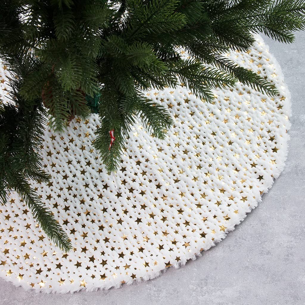 Tappeto Albero Di Natale, Star Stampato Gonna albero di Natale Peluche Xmas Tree Tappeto Mat Merry Decorazioni natalizie Ornamento Capodanno Home Decor Regalo Festa Forniture(White,130cm/51inch)