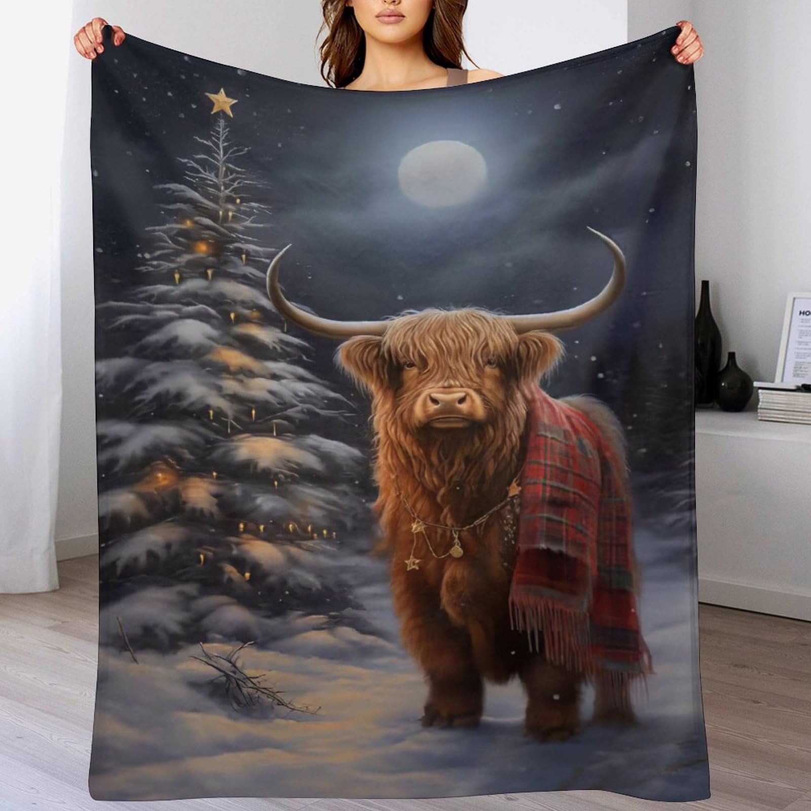 LLXXHH Highland Cow Xmas Fluffy Soft Throw - Flannel Anti-pilling Blanket Throws - Versatile Blankets Home Decor for Bed Sofa Travel 140×180cm