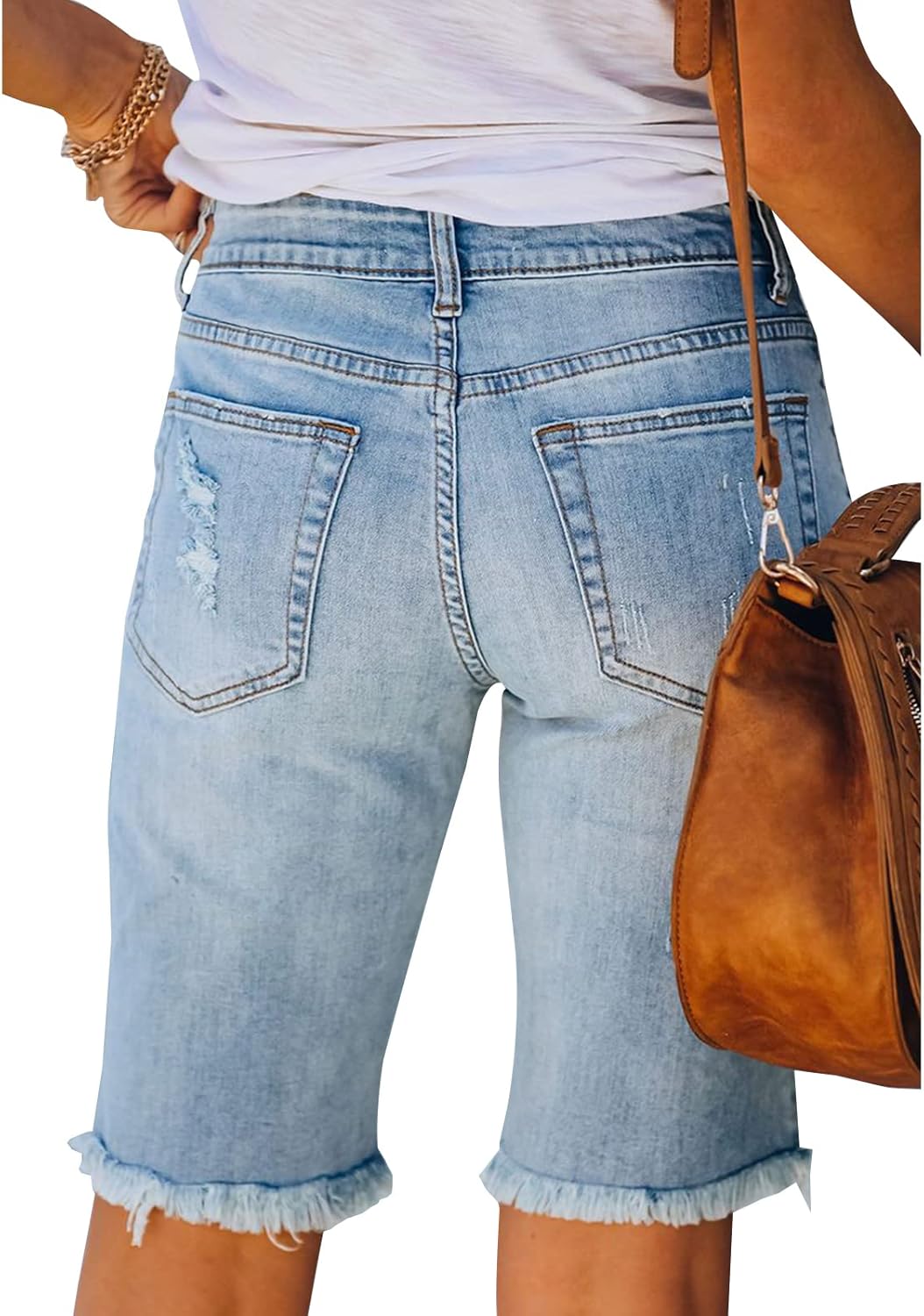 LONGYIDA Womens Jean Shorts High Waisted Denim Bermuda Shorts Ripped Distressed Knee Length Stretch Denim Jean Short - Image 3