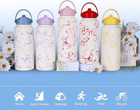 Goetland Ribbon Water Bottle with Straw Lid 32 oz Stainless Steel Wide Mouth Vacuum Double Insulated Drinking Cup Cute Leakproof UV Printing For Women Girls Blue