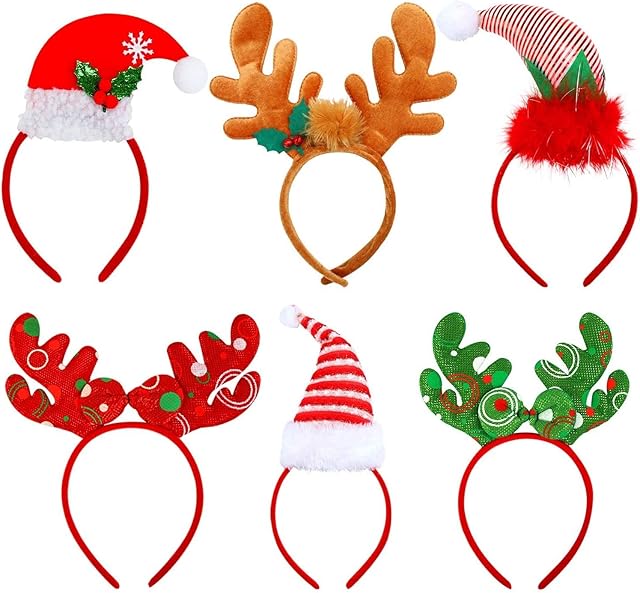 KAHEIGN 6Pcs Christmas Elves Headbands, Reindeer Antlers Headbands Santa Christmas Hats for Christmas Party Holiday Party Gift Costume Party