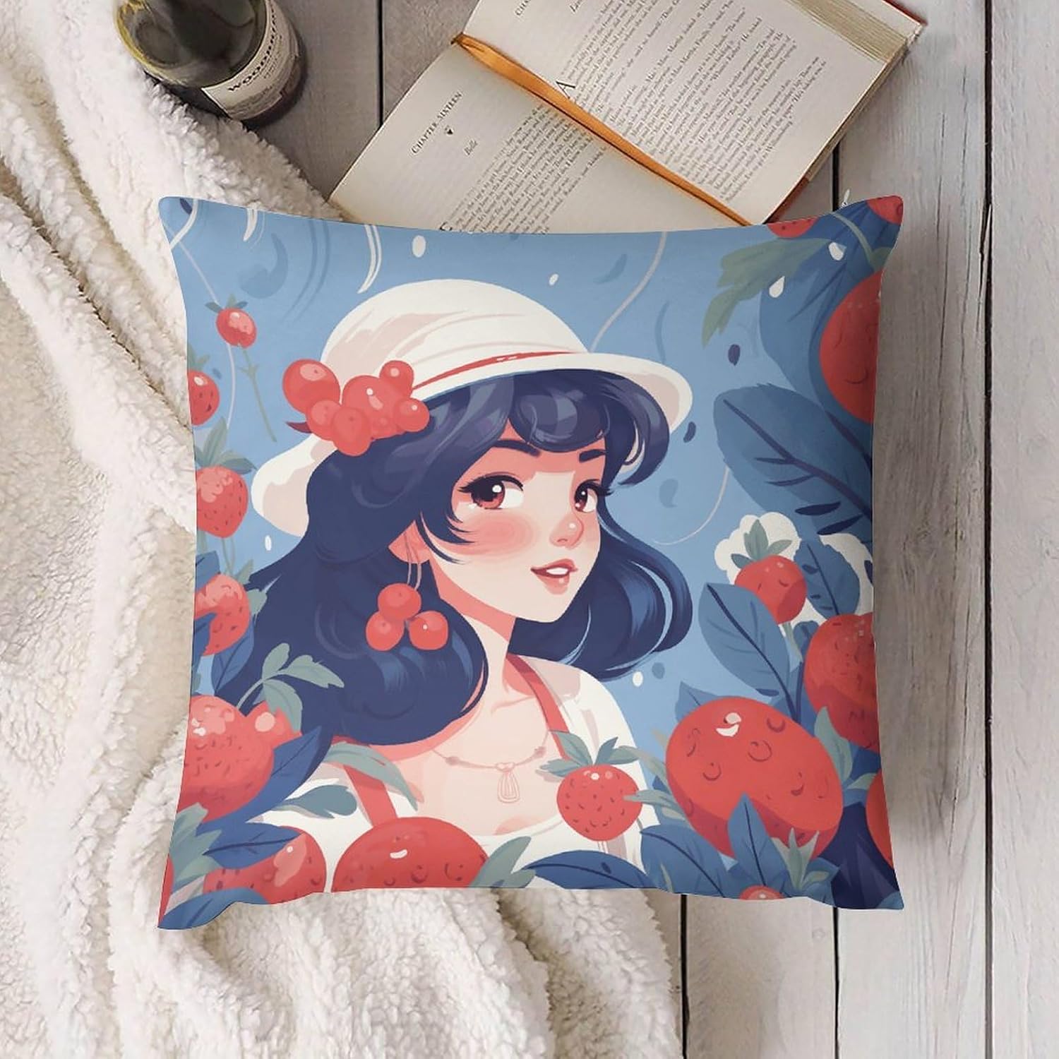 Girl and Red Berries Throw Pillow Covers Luxury Ultra Soft Fuzzy Pillowcases with Zipper Breathable Pillow Case Cozy Pillowcase Warm Pillow Protector Decorative Pillow Sham