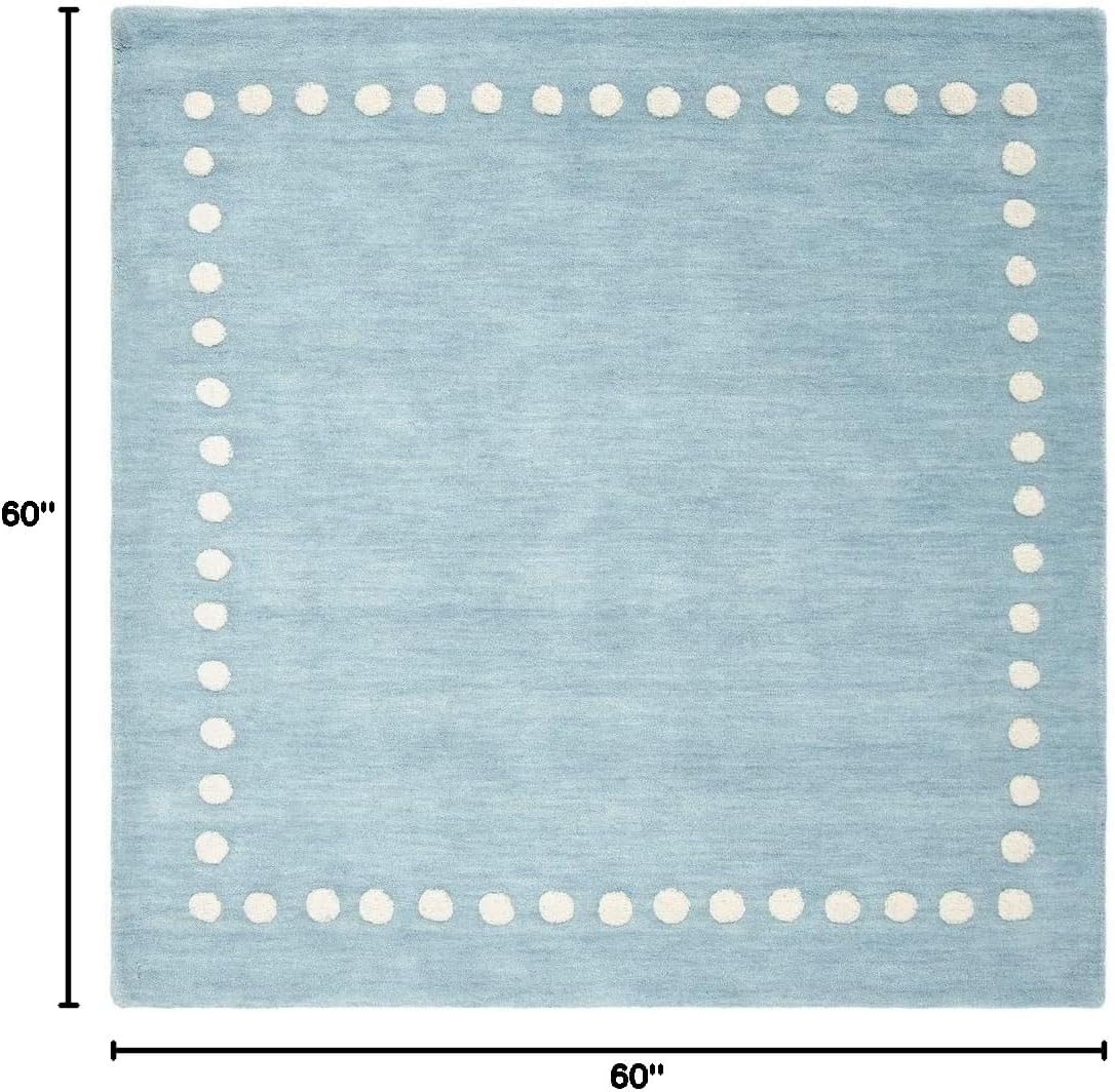 SAFAVIEH Kids Collection Area Rug - 5' Square, Blue & Ivory, Handmade Polka Dot Border Wool, Ideal for High Traffic Areas in Living Room, Bedroom (SFK802M)