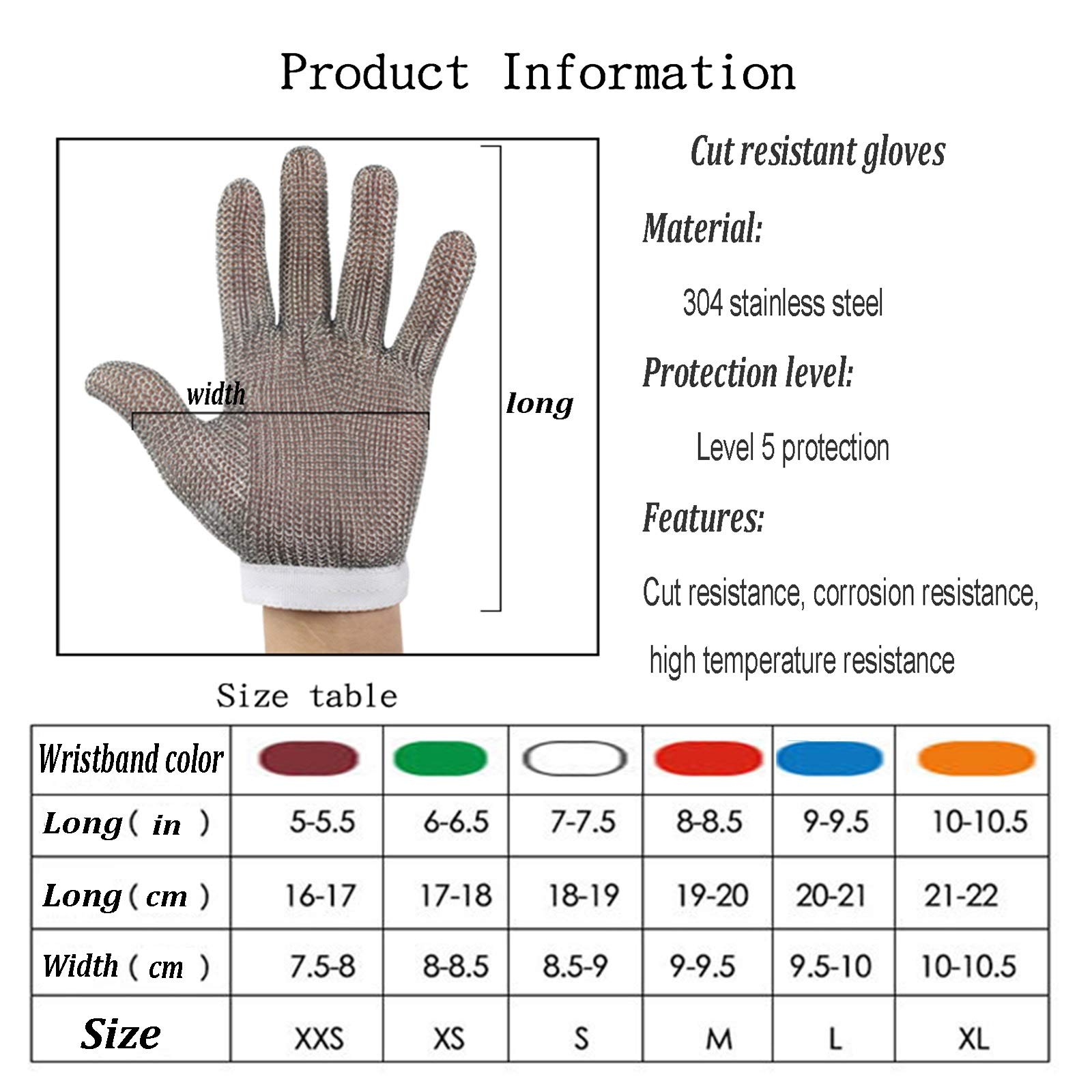 Guantes Anticortes, Guantes Resistentes a Cortes de Acero Inoxidable 304L, Guantes de Trabajo de Seguridad de Nivel 5, Hebilla Ajustable en la muñeca, 6 Tallas