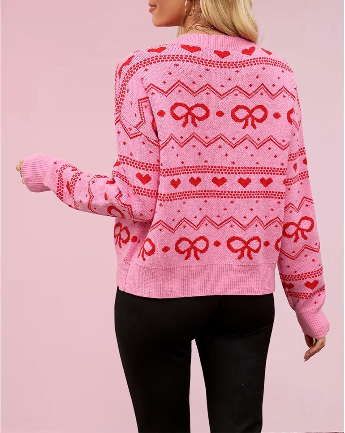 Meiweileya Womens Oversized Cardigan Sweaters Bow Printed Button Down Y2k V Neck Valentines Loose Long Sleeve Knit Coat - Image 5