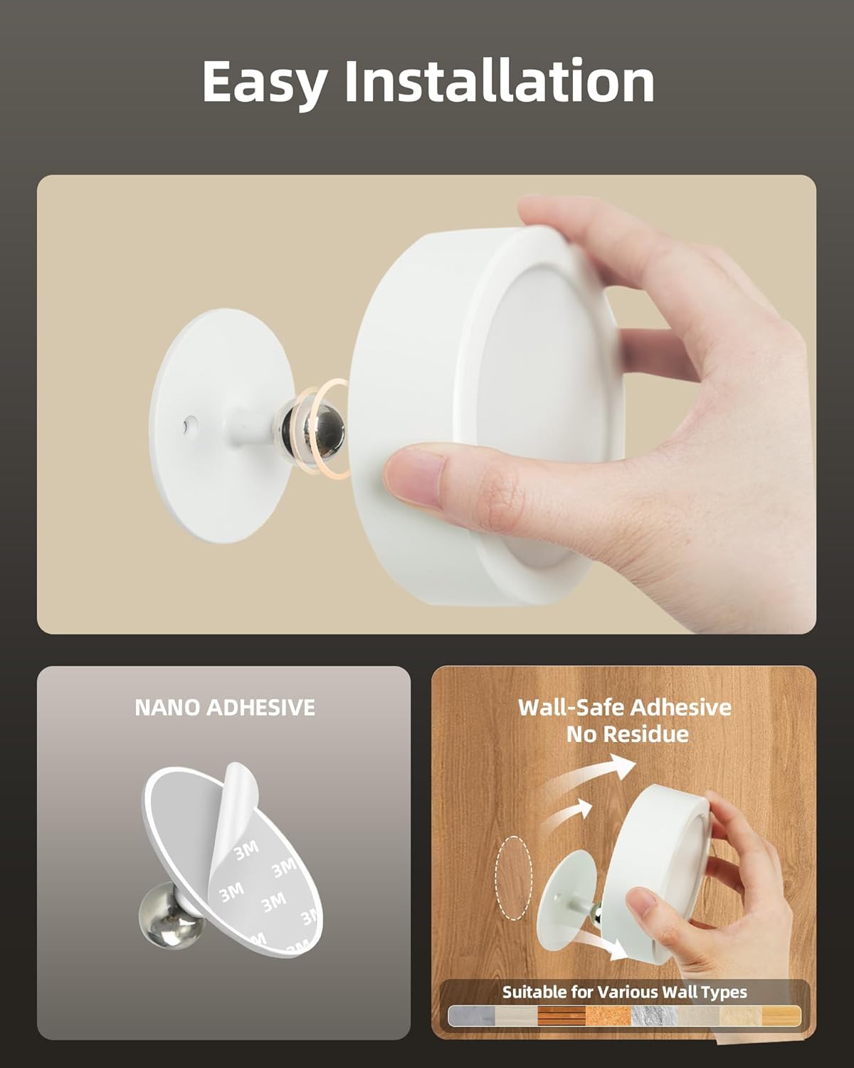 EZVALO LED Wall Mounted Lights, 5500mAh Rechargeable Wall Sconces Lamp, 3 Color Temps & Remote and Touch Control, 360°Rotation Dimmable Cordless Wall Light for Bedroom (3 Pack White)