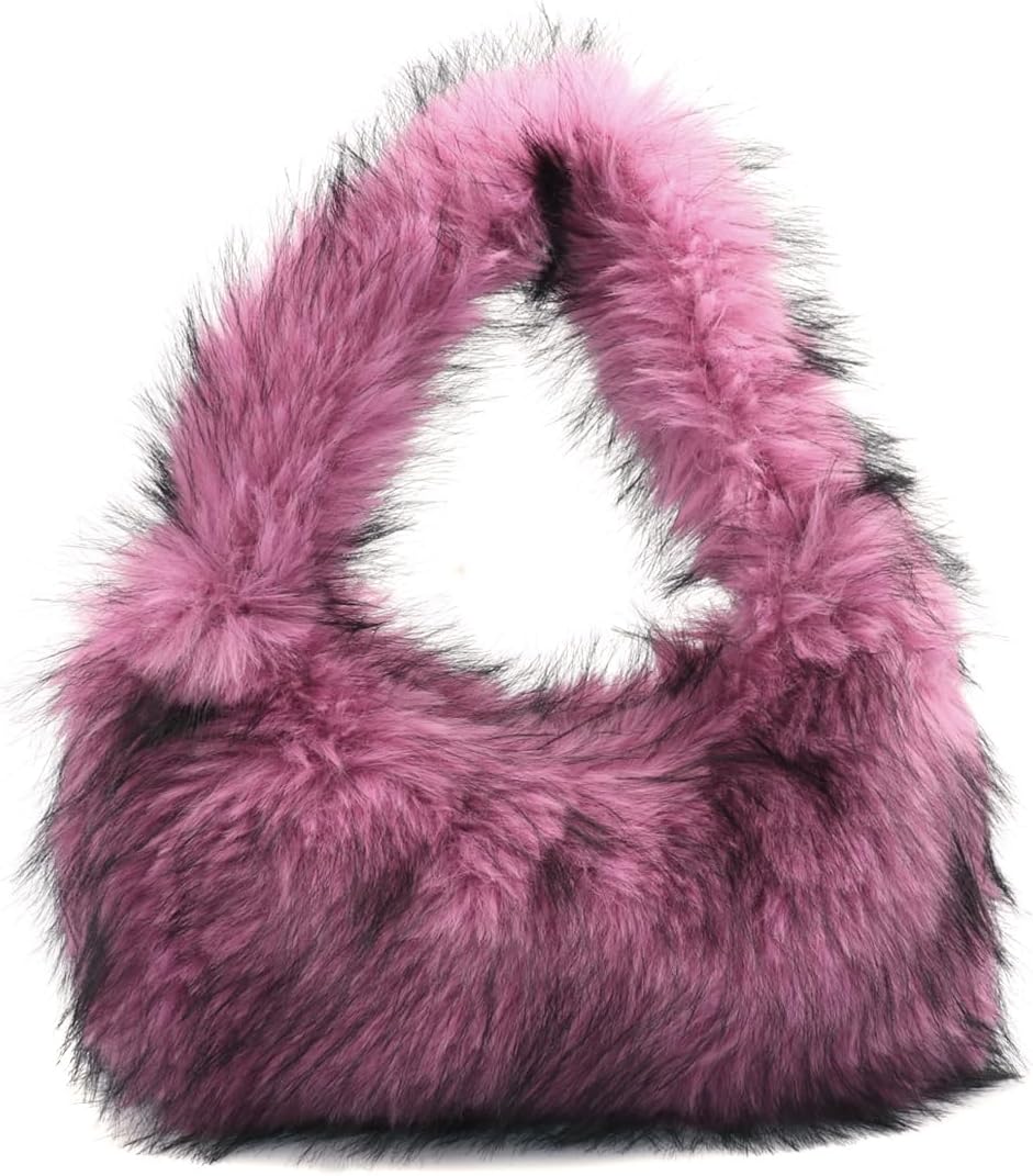 Women Girls Faux Fur Hobo Underarm Shoulder Bag Fluffy Tote Plush Handbag Y2K Furry Purse