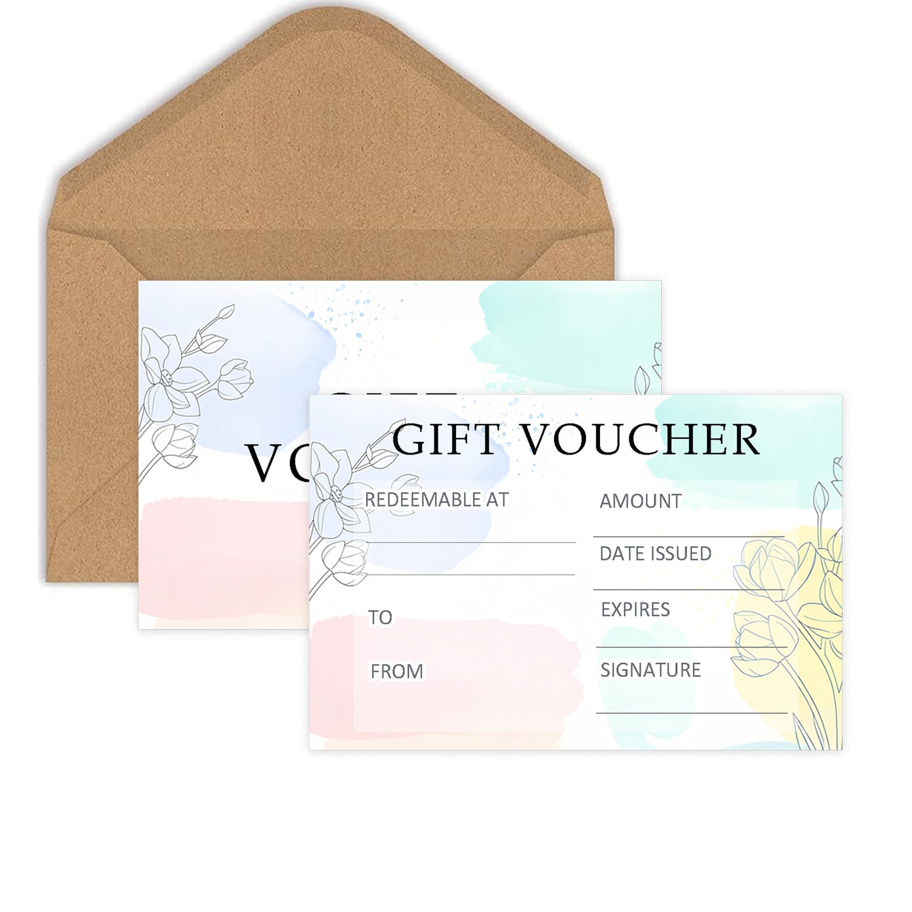 20 Pcs Blank Gift Vouchers with Envelopes 152x101.6mm Double Sided Watercolour Flower Design Certificates for Spas, Restaurants, Hair Salons, Personal or Small Business