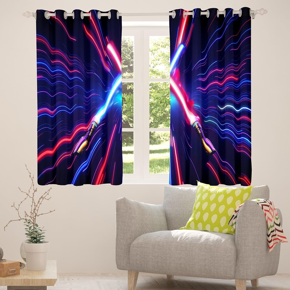 Lightsaber Window Curtains,Geometric Lines Gradient Window Drapes for Kids Teens Girls Boys,Future Technology Metaverse Red Blue Window Treatments Grommet Top 2 Panel Set Curtains, 52Wx84L inch