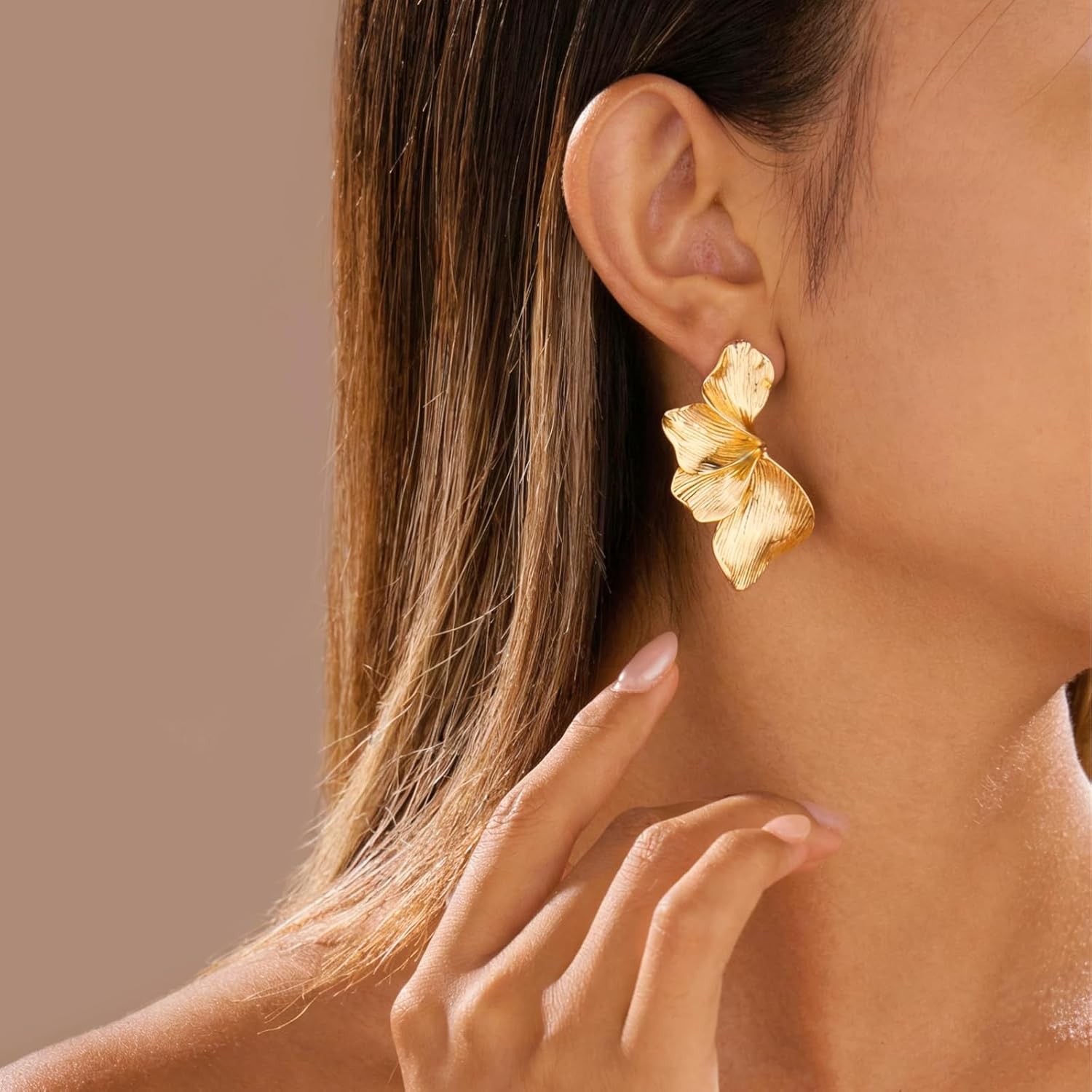 Statement Flower Studs Earrings for Women Gold Plated Flower Drop Earring Textured Chunky Floral Boho Jewelry - Image 3