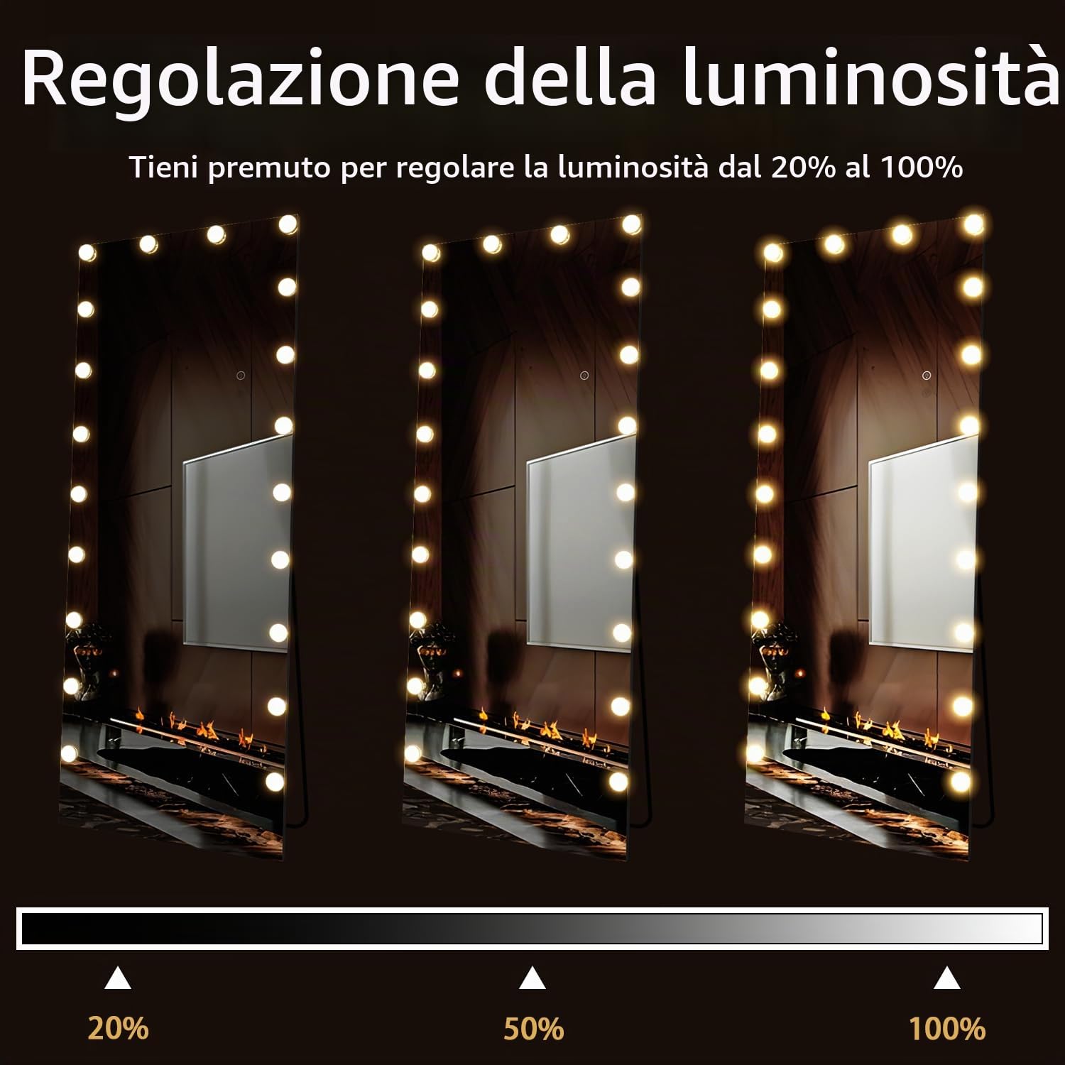 Specchio a figura intera con luci, 160 x 50 cm, specchio da terra Hollywood e da parete con luce, grande specchio da toeletta per camera da letto, 3 modalità di colore (bianco)