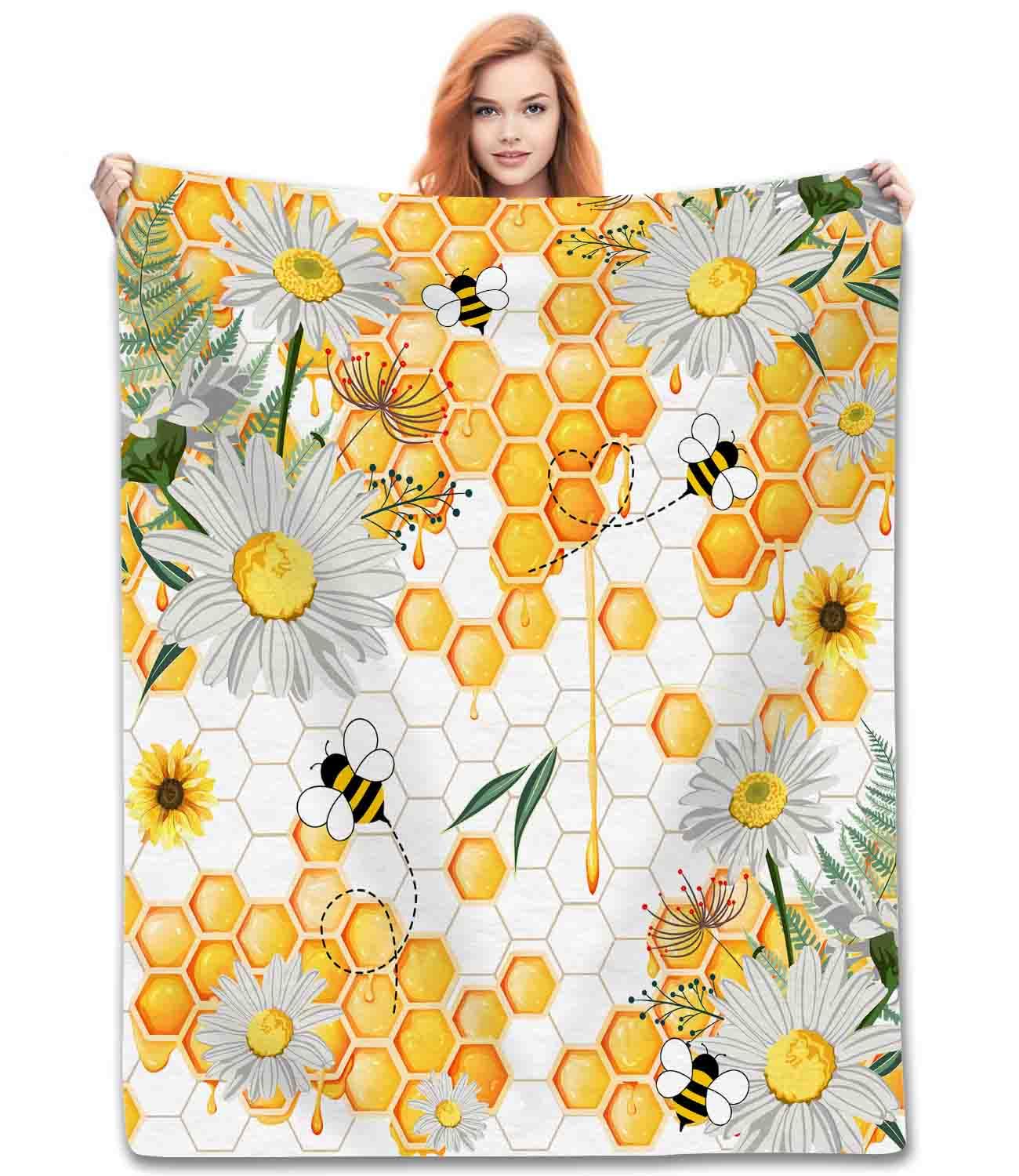Tkuyo Bee-01 Bee Throw Blanket, Rustic Yellow Floral Honeybee Sunflower Honeycomb Daisy Farmhouse Fuzzy Fleece Fannel Blankets For Kids Baby Bedroom Living Room Sofa Chair Couch Gifts, 30"X40" Inch