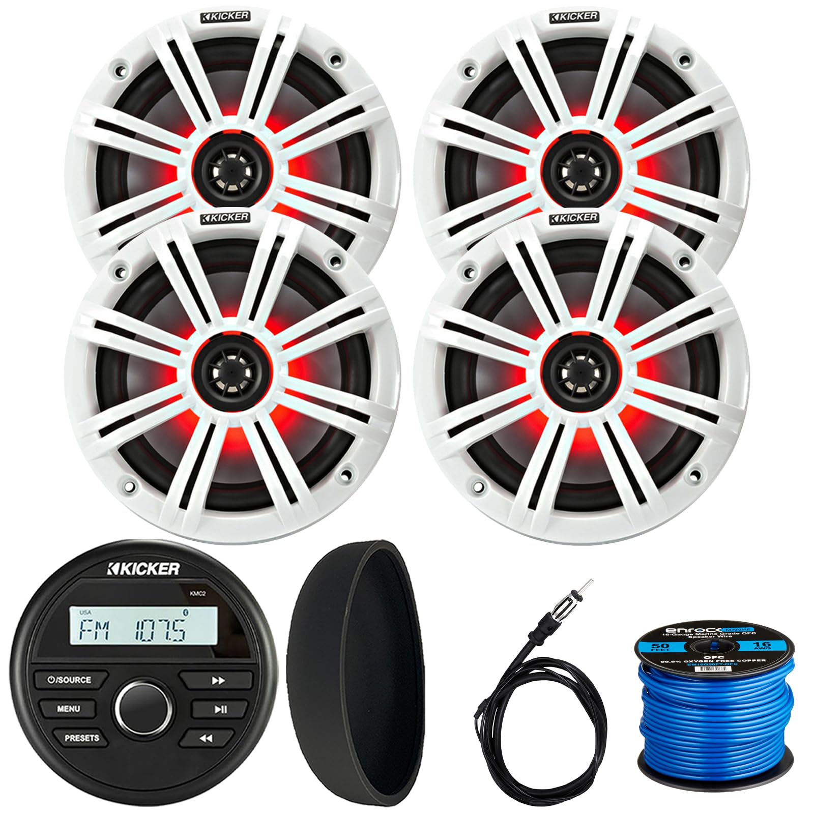 KICKER 46KMC2 Marine Bluetooth All-Weather AM/FM USB/AUX Gauge Style Media Center Receiver W/Black Cover, 4X 6.5 195W Max Power RGB LED Coaxial Speakers W/White Grille, Antenna, Speaker Wire
