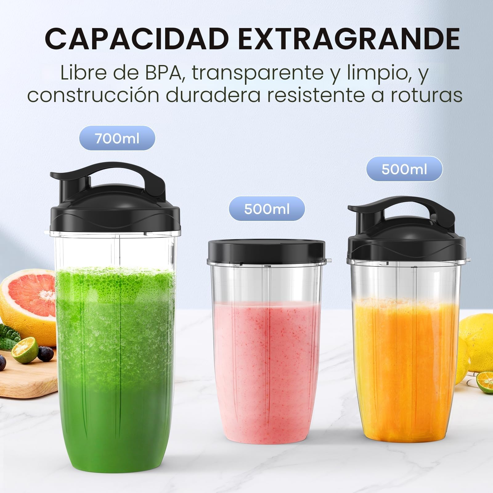 Ganiza Batidora de Vaso，Potencia 900 W Batidora de pie con 3 vasos portátiles (2 x 500 ml y 1 x 700 ml), Minibatidora con 4 Cuchillas de Acero inoxidable,Licuadora eléctrica para batidos y smoothies