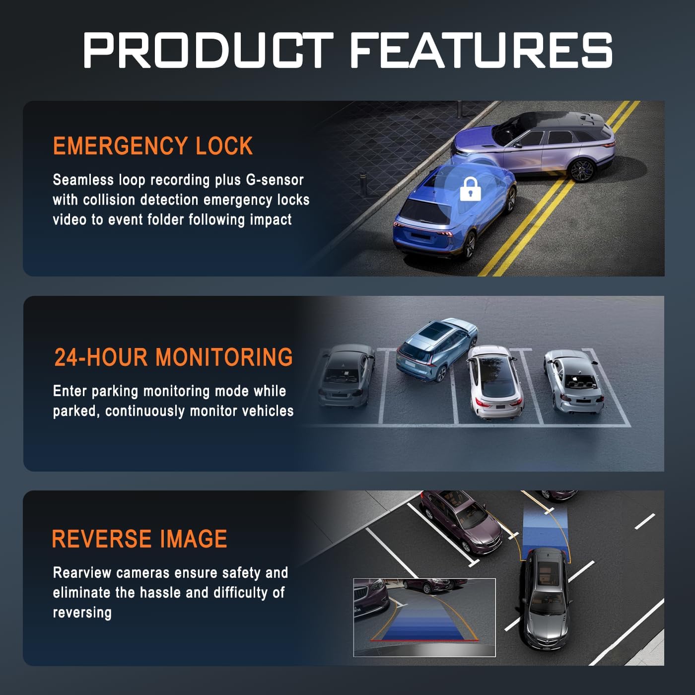 Product features including Emergency Lock, 24-Hour Monitoring, and Reverse Image