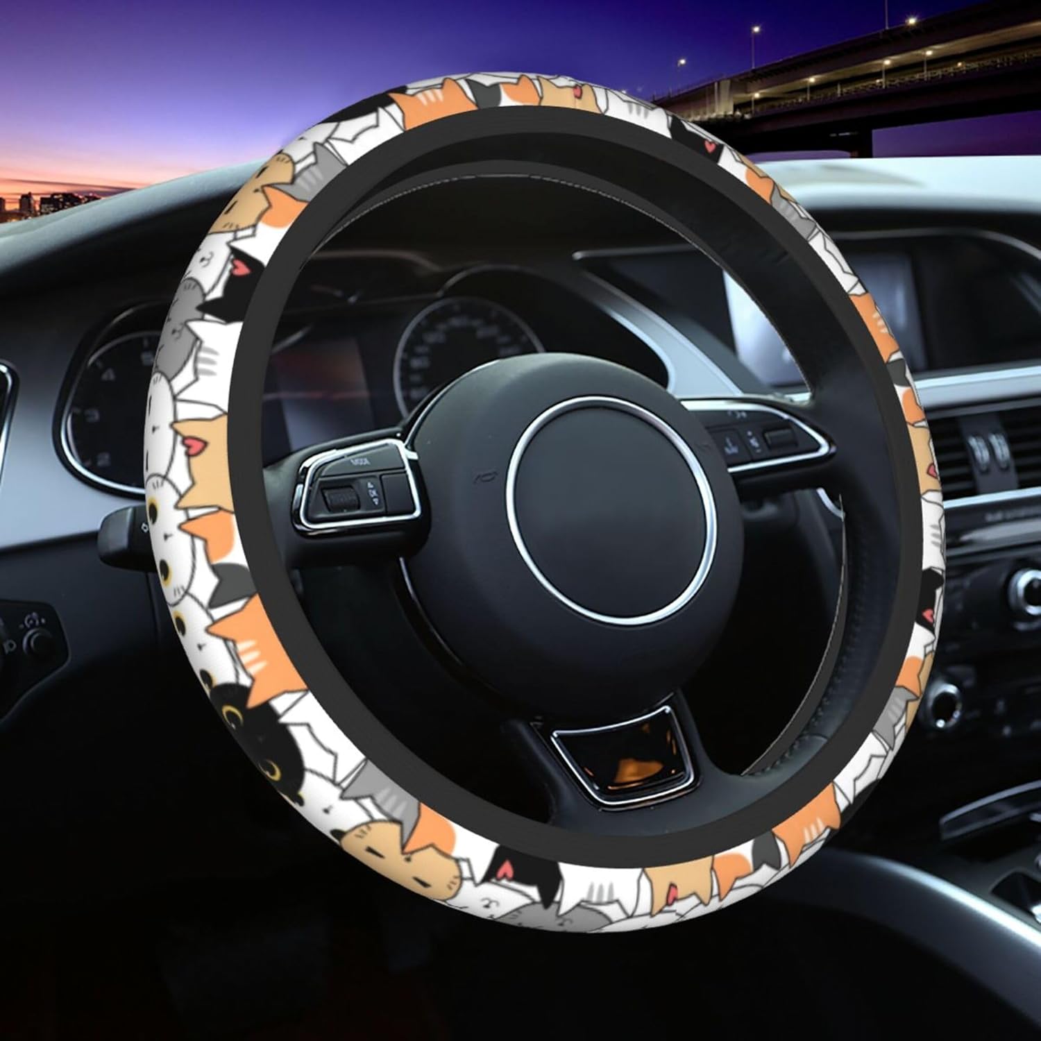 Cute Cat License Plate Frame & Cat Steering Wheel Cover Fashion Aluminum License Plate Covers Anti-Slip Breathable Steering Wheels Protector with Screws Fasteners Caps for Men Women, 3PCS