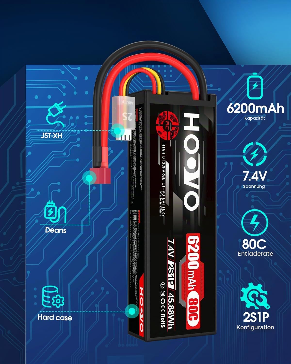 2S Lipo Akku 7,4V 80C 6200mAh RC Batterie mit Dean-Style T Stecker Battery HOOVO für RC Auto Flugzeug Helikopter Boot Buggy Quadcopter (2 Packungen)