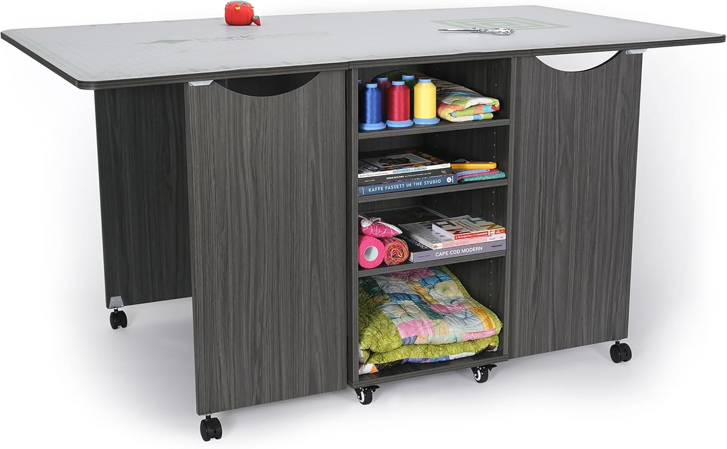 Kangaroo Kookaburra Cutting Table – Large Sewing, Quilting & Craft Workstation with Expandable 70” x 40” Surface, Storage Drawers, Shelves & Rolling Locking Casters, Gray Finish