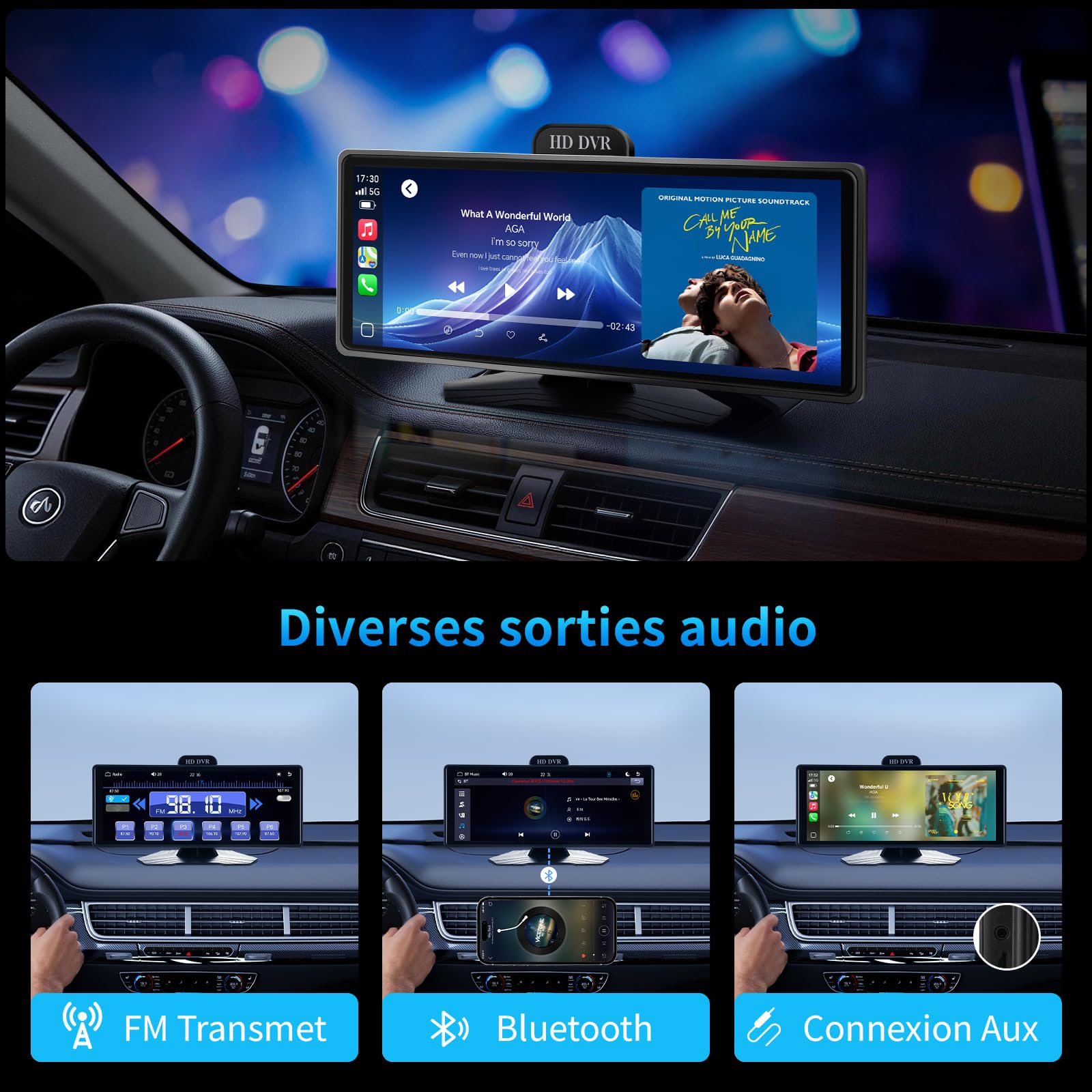 Haudio Écran CarPlay 10,26 Pouces, CarPlay et Android Auto Sans Fil, Autoradio Portable avec DVR 2K, Caméra de Recul 1080P,Bluetooth,Commande Vocale,Radio AUX/FM, Carte TF 64G pour Toutes les Voitures