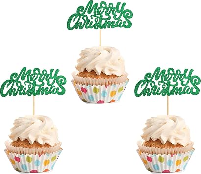 24Pcs Merry Christmas Cupcake Toppers Glitter Green Xmas Cake Toppers Decorations for Christmas Holiday Party New Year Party Supplies