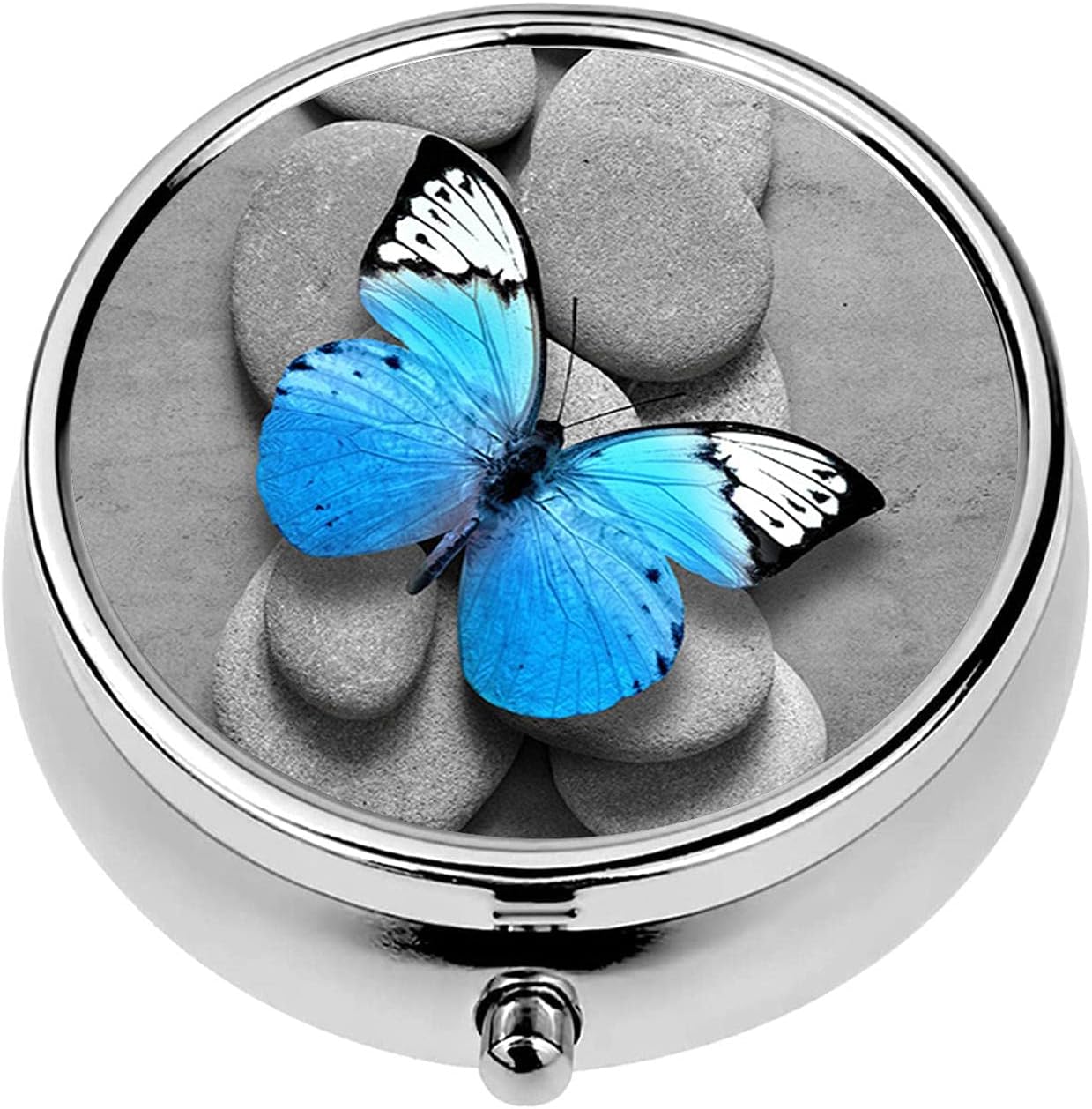 Round Pill Box,3 Compartment Pill Box Mini Decorative Pocket Purse Portable Travel Medicine Tablet Vitamin Holder Organizer Pill Case,Blue Butterfly