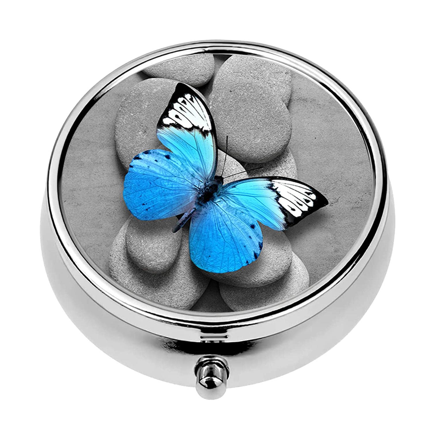 Round Pill Box,3 Compartment Pill Box Mini Decorative Pocket Purse Portable Travel Medicine Tablet Vitamin Holder Organizer Pill Case,Blue Butterfly