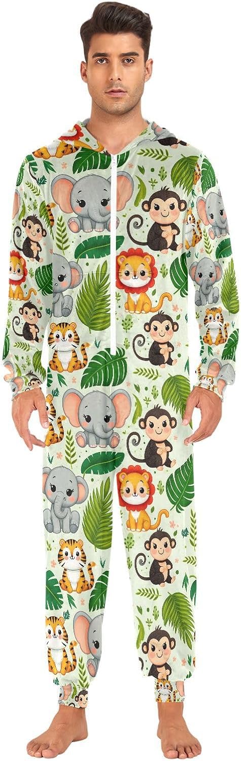 Elephant Tiger Forest Animal Adult Onesie Pajamas Novelty One Piece Costume Sleepwear Jumpsuits Matching PJS