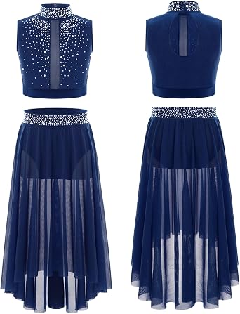 DINORMIN Girls Lyrical Dance Outfit Crop Top with High-Low Mesh Skirt Set Two-Piece Ballet Dance Costumes